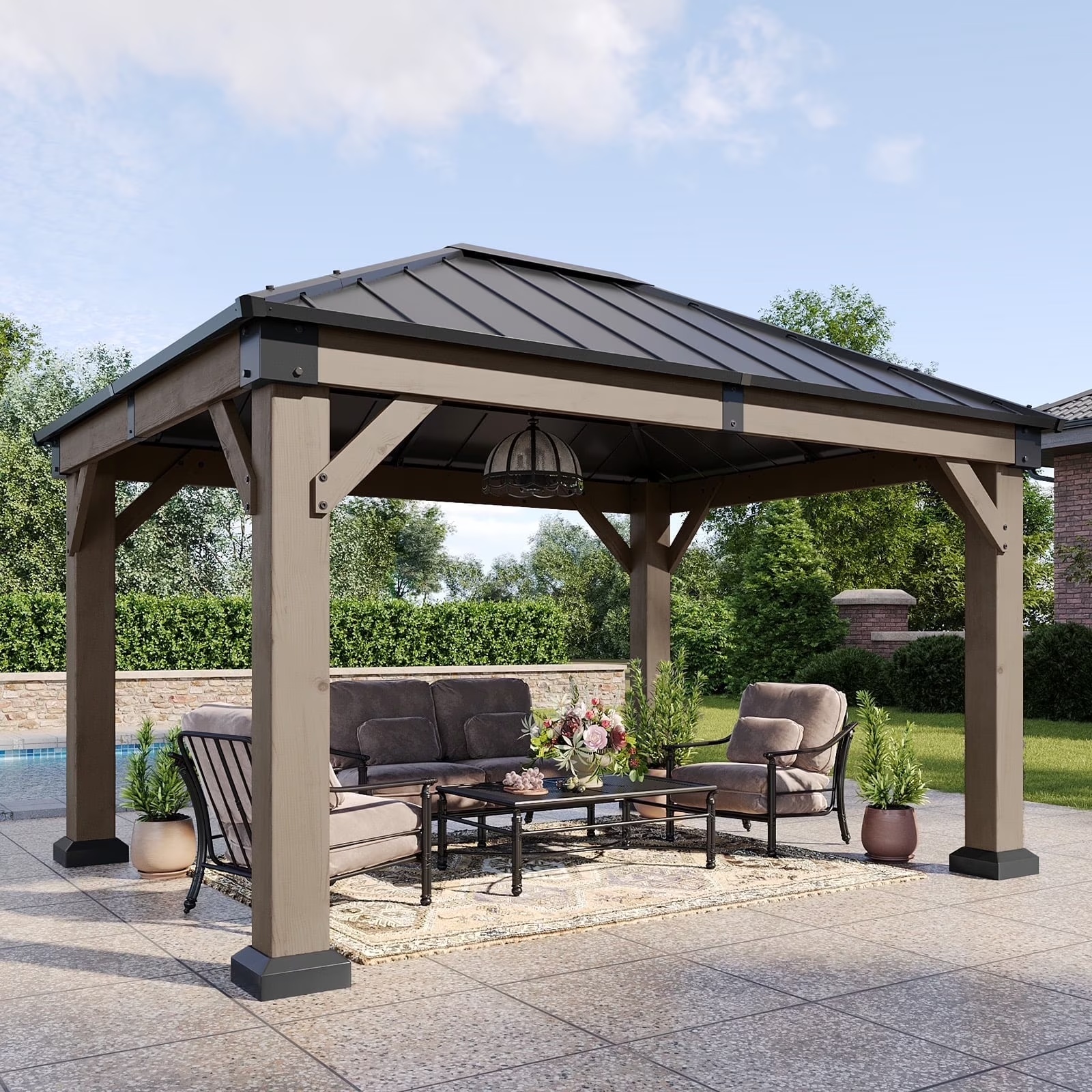 Aoxun 12' x 16' Outdoor Wood Gazebo, Hardtop Gazebo Permanent Wooden Pavilion with Galvanized Steel Double Roof, for Patio, Garden, Backyard, Cedar Wood - Image 5