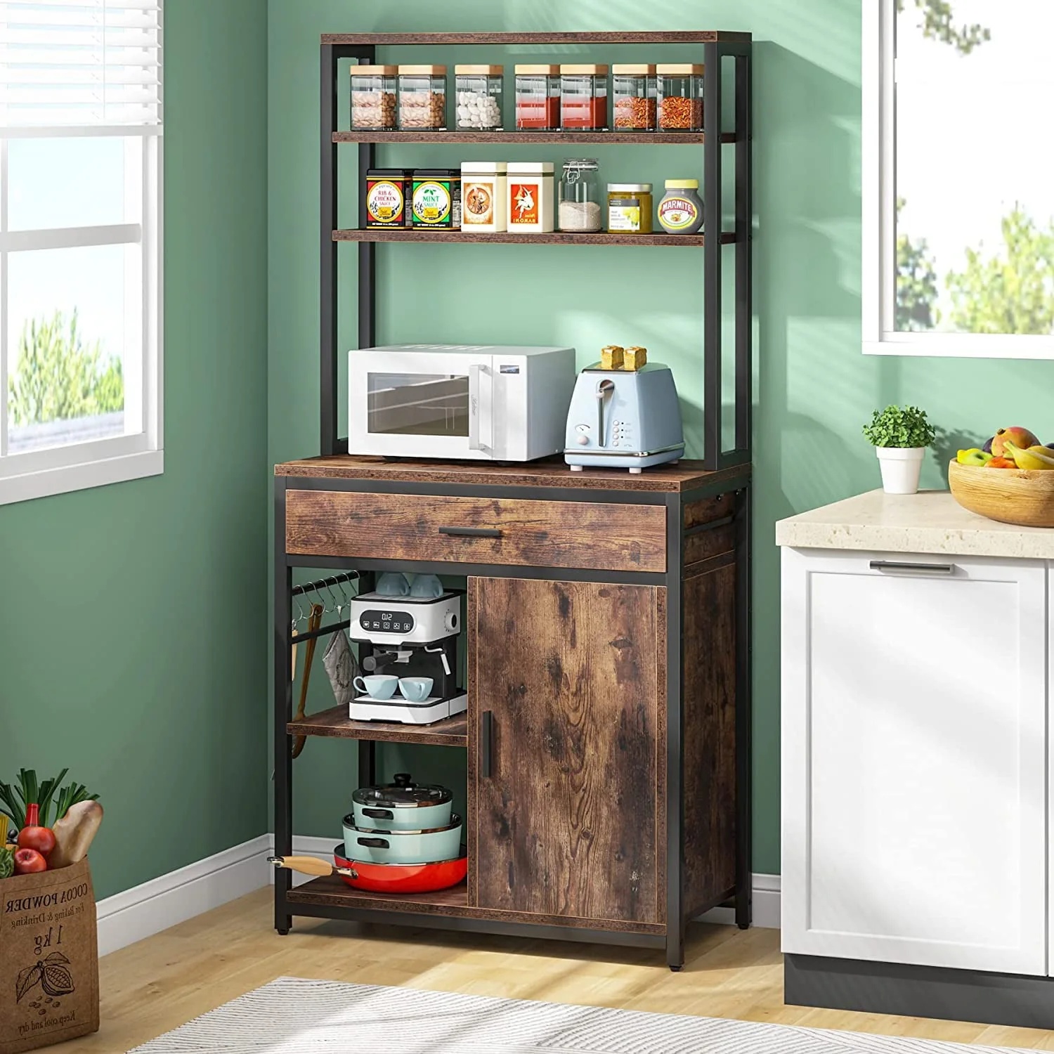 Tribesigns Bakers Racks for Kitchens with Cabinet, Large Capacity Microwave Stand with Drawers,6-Tier Kitchen Utility Storage Shelf with Hooks, Free Standing Kitchen Shelf Cabinets, Vintage Brown - Image 3