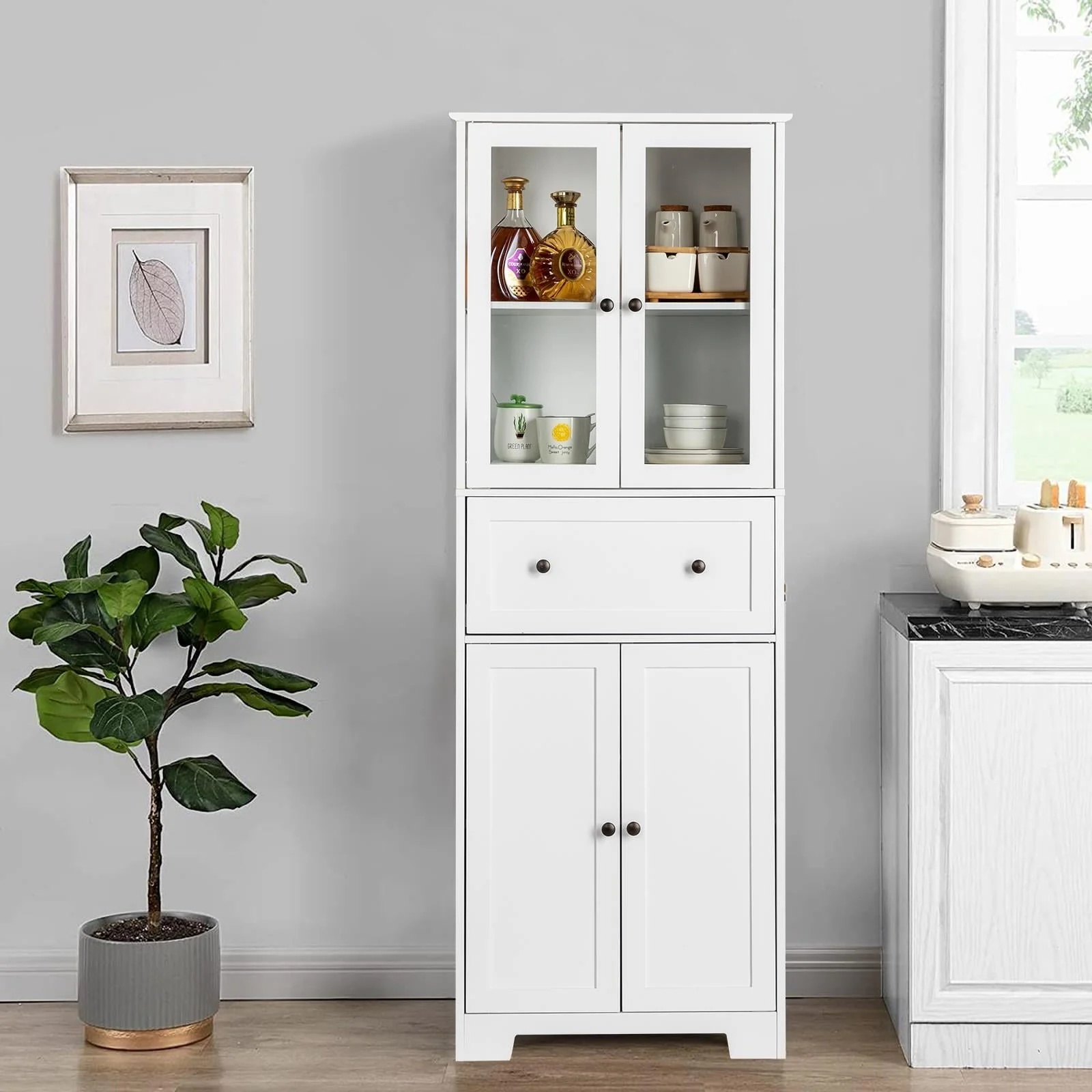 Ktaxon 64" Tall Bathroom Storage Cabinet Organizer, Freestanding Kitchen Pantry Cabinet Line Tower with 2 Glass Doors, Large Drawer & 4 Adjustable Shelves for Dining Room Living Room Home Office,White - Image 4