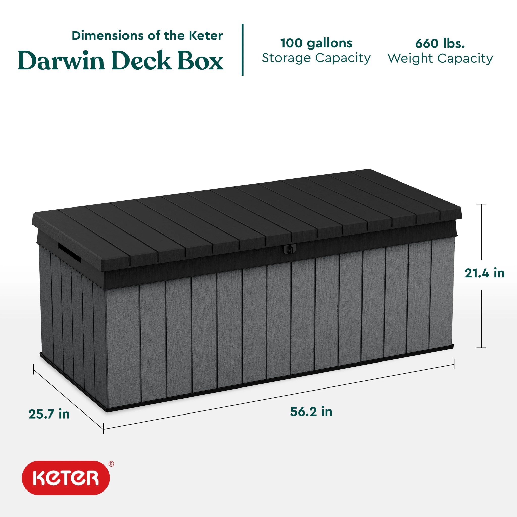 Keter Darwin 100 Gallon Large Resin Deck Box for Patio Outdoor Storage, Grey - Image 5