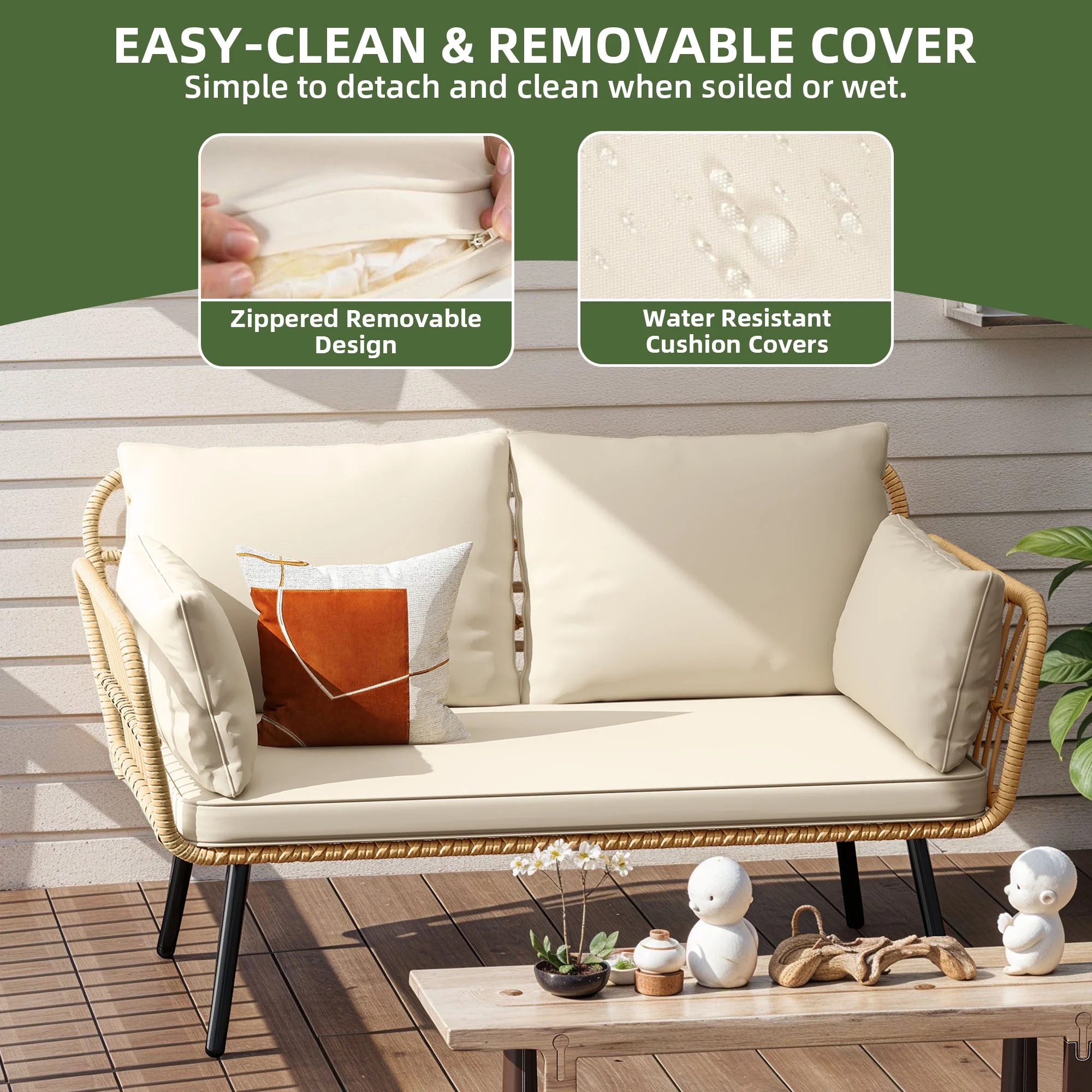 Uforic Outdoor Wicker Loveseat with Cushions and Rattan Side Table, All-Weather 2 Pieces Bistro Patio Conversation Furniture Set -Beige - Image 32