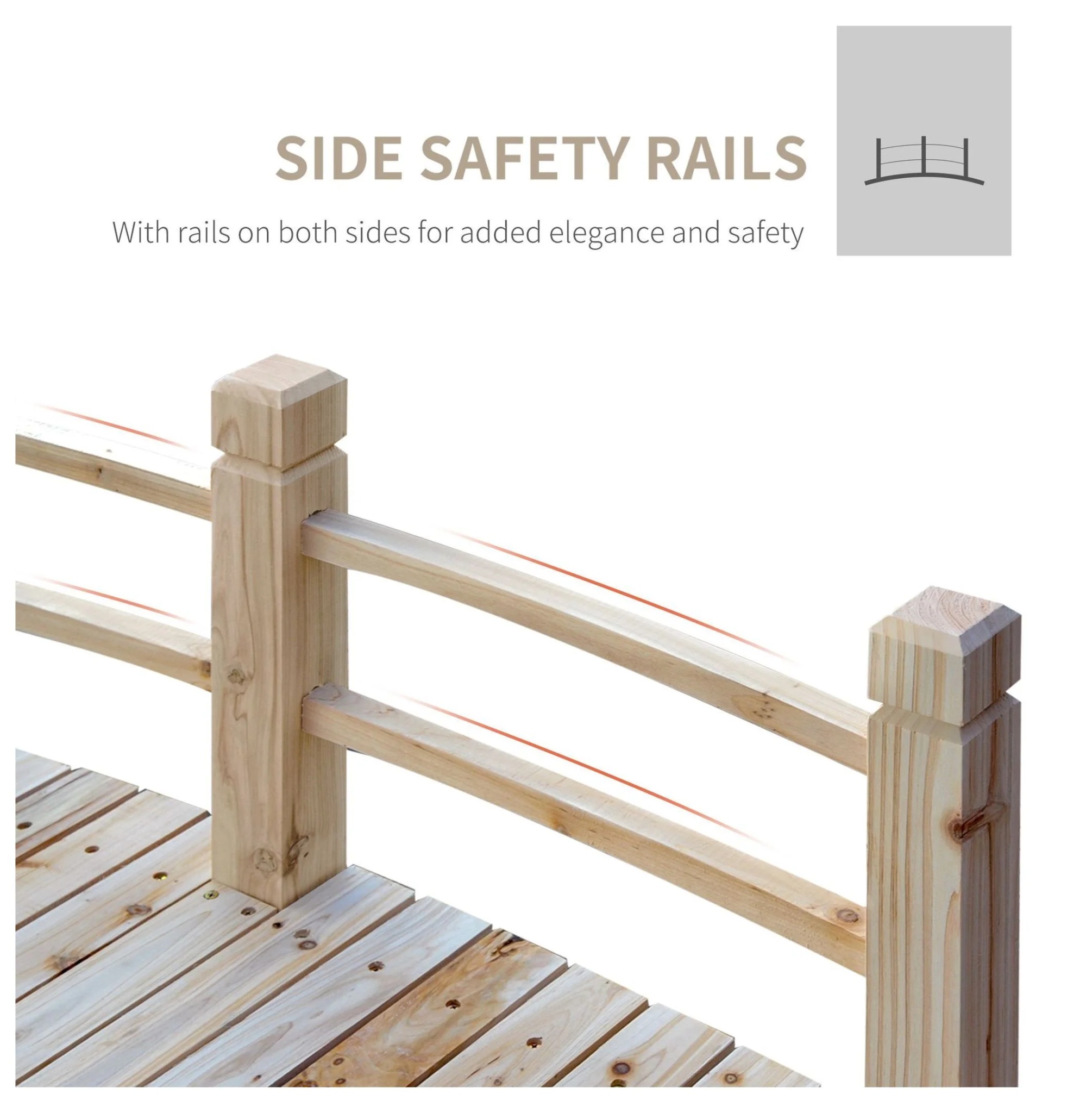 5 ft Wooden Garden Bridge Arc Footbridge with Railings - Natural Wood Backyard Decor - Image 4