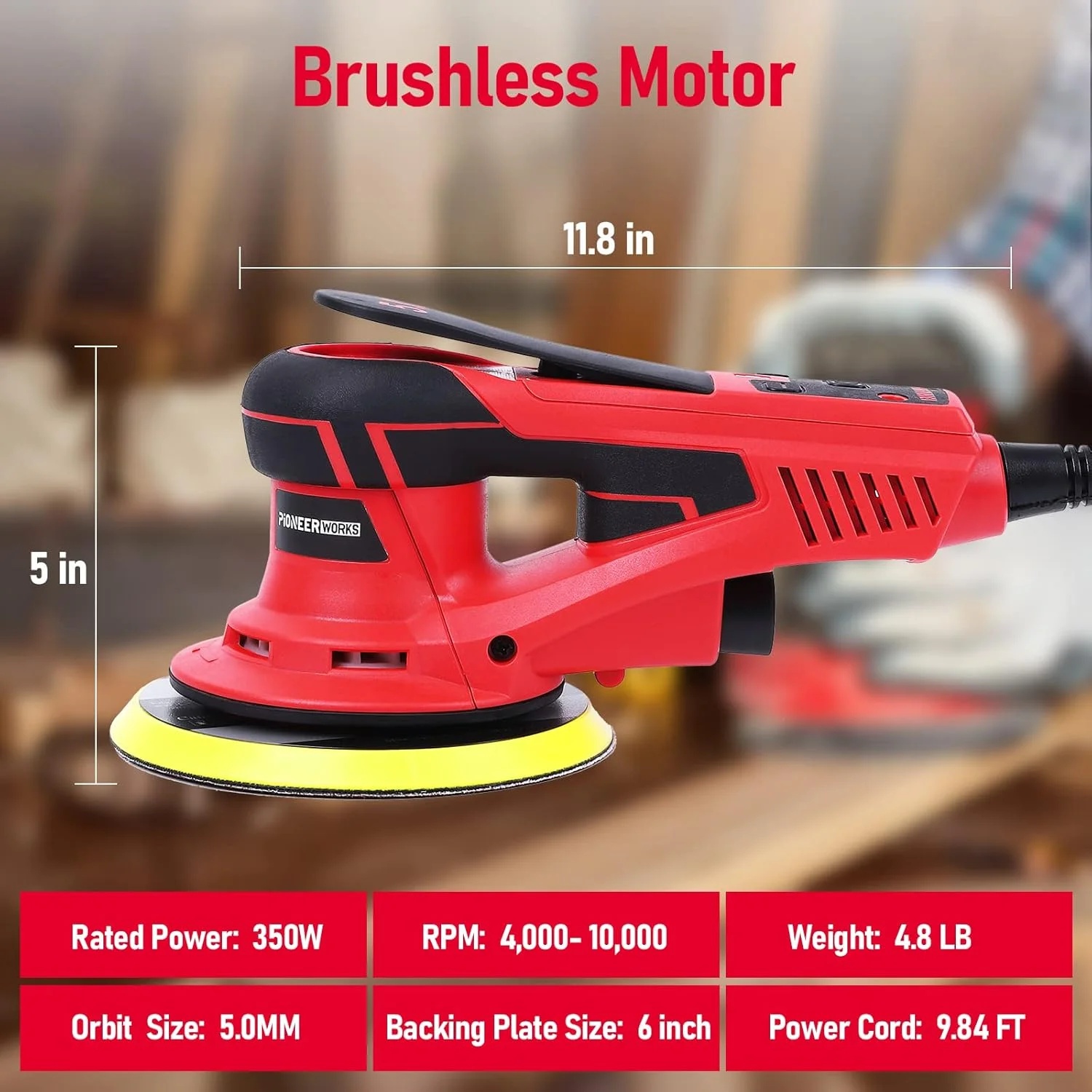Electric Random Orbital Sander, Brushless Motor, Powerful 350W & Low Vibration Palm Sander, 10000 RPM Variable Speed, 6-Inch for Woodworking, Polishing, Carpentry - Image 2