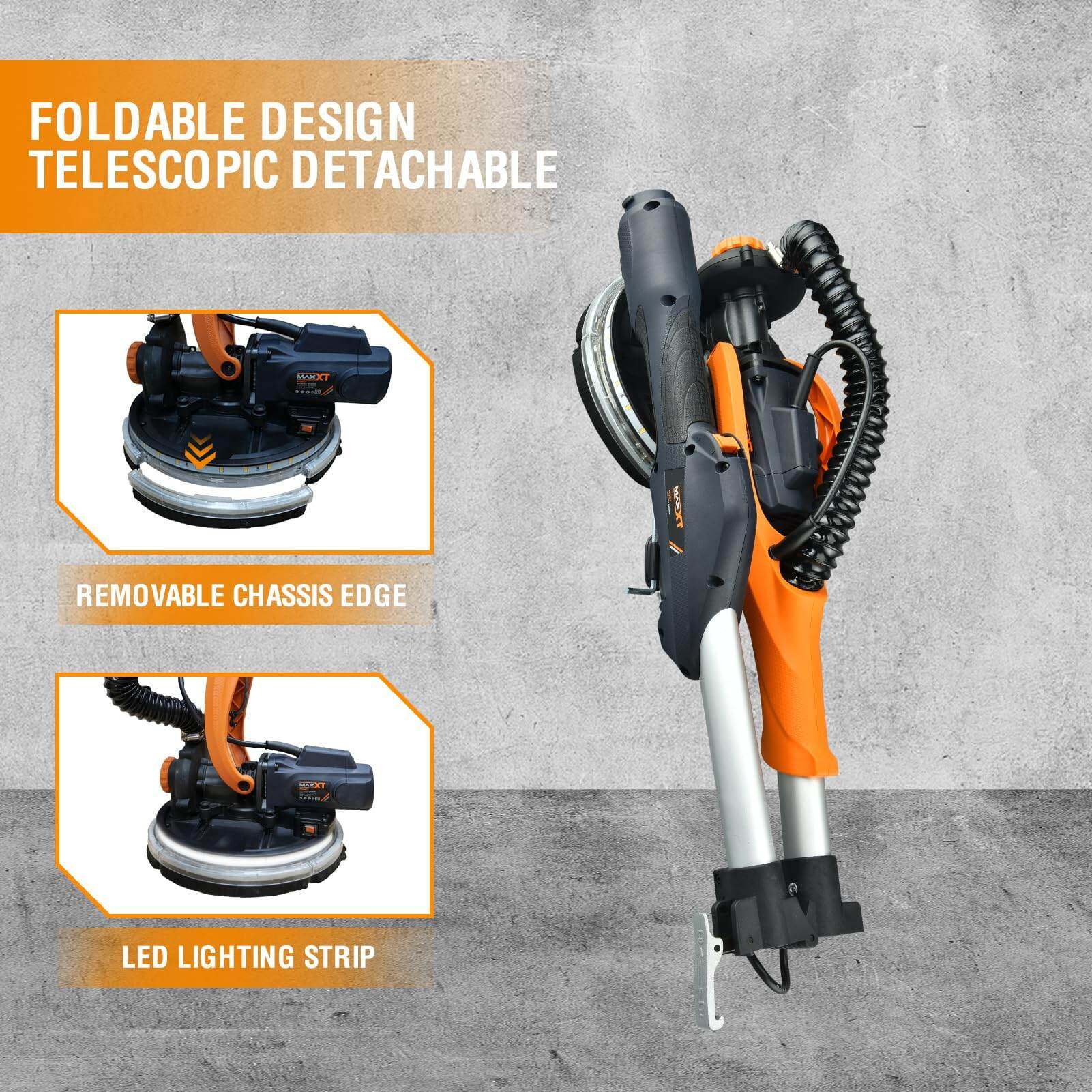 Drywall Sander with Vacuum Dust Collection, 6 Variable Speed Foldable Telescopic Electric Wall Sander, Popcorn Ceiling Removal Tool, 1900RPM Power Sander Tool, LED Light, 18Pcs Sanding Discs,Power D - Image 4