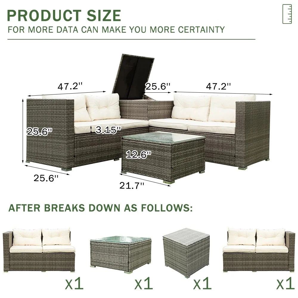 UHOMEPRO 4-Piece Rattan Patio Furniture Sets, All-Weather PE Wicker Patio Conversation Set with Storage Box, Glass Coffee Table, Outdoor Sectional Sofa Set for Backyard Patio Garden Poolside, Gray - Image 30