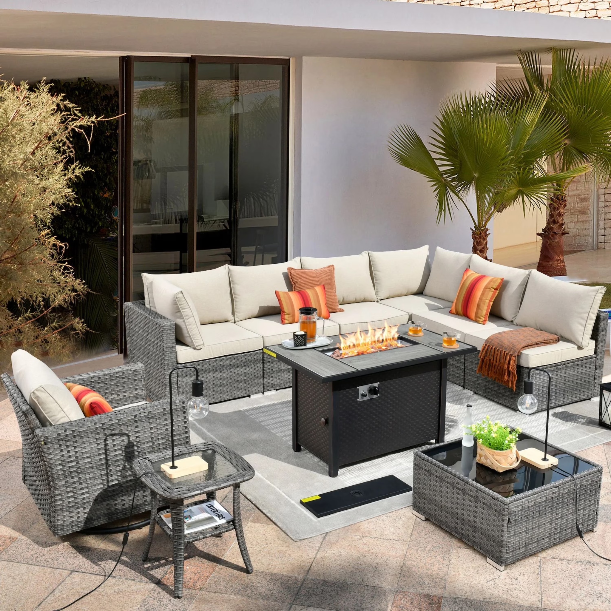 Vcatnet 11 Pieces Outdoor Patio Furniture Sets with Fire Pit Sectional Sofa All Weather Wicker Conversation Set with Swivel Glider Chairs, Black - Image 9