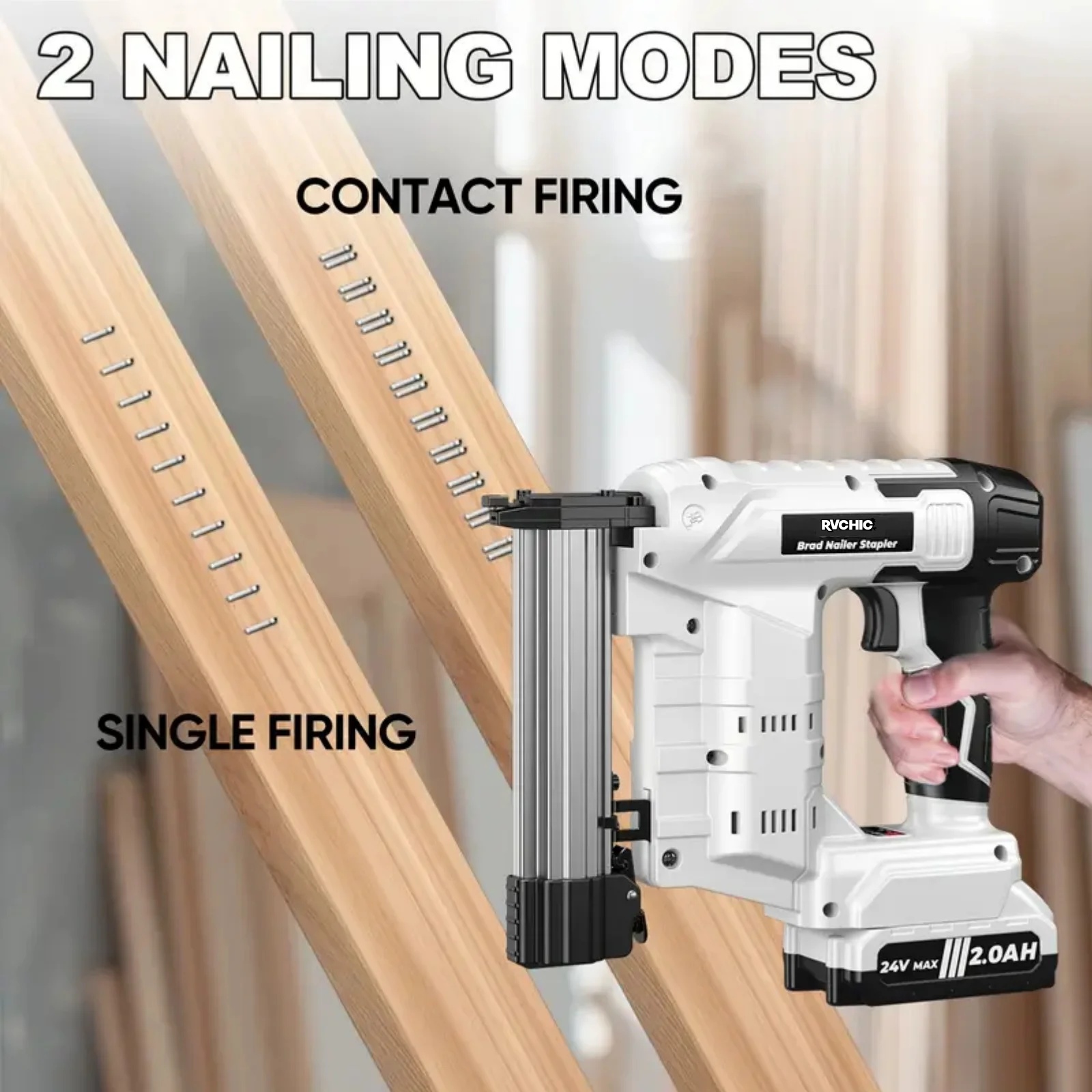 Rvchic 18 Gauge Cordless Brad Nailer,2-in-1 21V Electric Brad Nailer Stapler for Woodworking,Home Improvement,Include 1*2000mAh Battery and 1000pcs Nails - Image 2