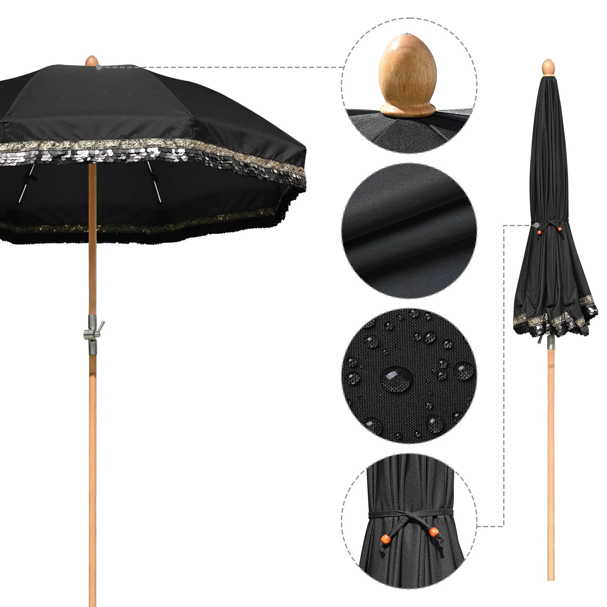 LAGarden 6 Ft Fringe Patio Umbrella with Tassel Jazz Age Wood UPF50+ for Outdoor, Beige with gold tassel,Model: JZ6-01 - Image 17