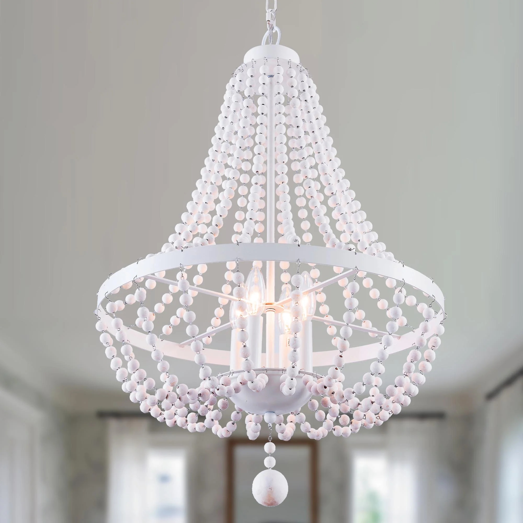 Oaks Aura 4-Light Farmhouse Wood Beaded Chandelier Adjustable Height Black Finish Boho Pendant Lighting - Image 8