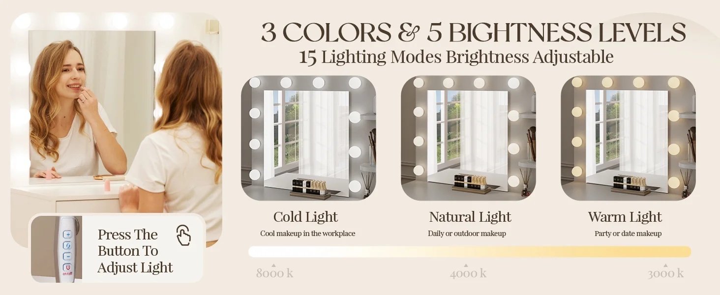 LIVELYGLOW Vanity Desk with Mirror and Lights, Makeup Vanity with Drawer & Storage Shelves, Cabinet, 3 Lighting Modes Adjustable Brightness,White - Image 15