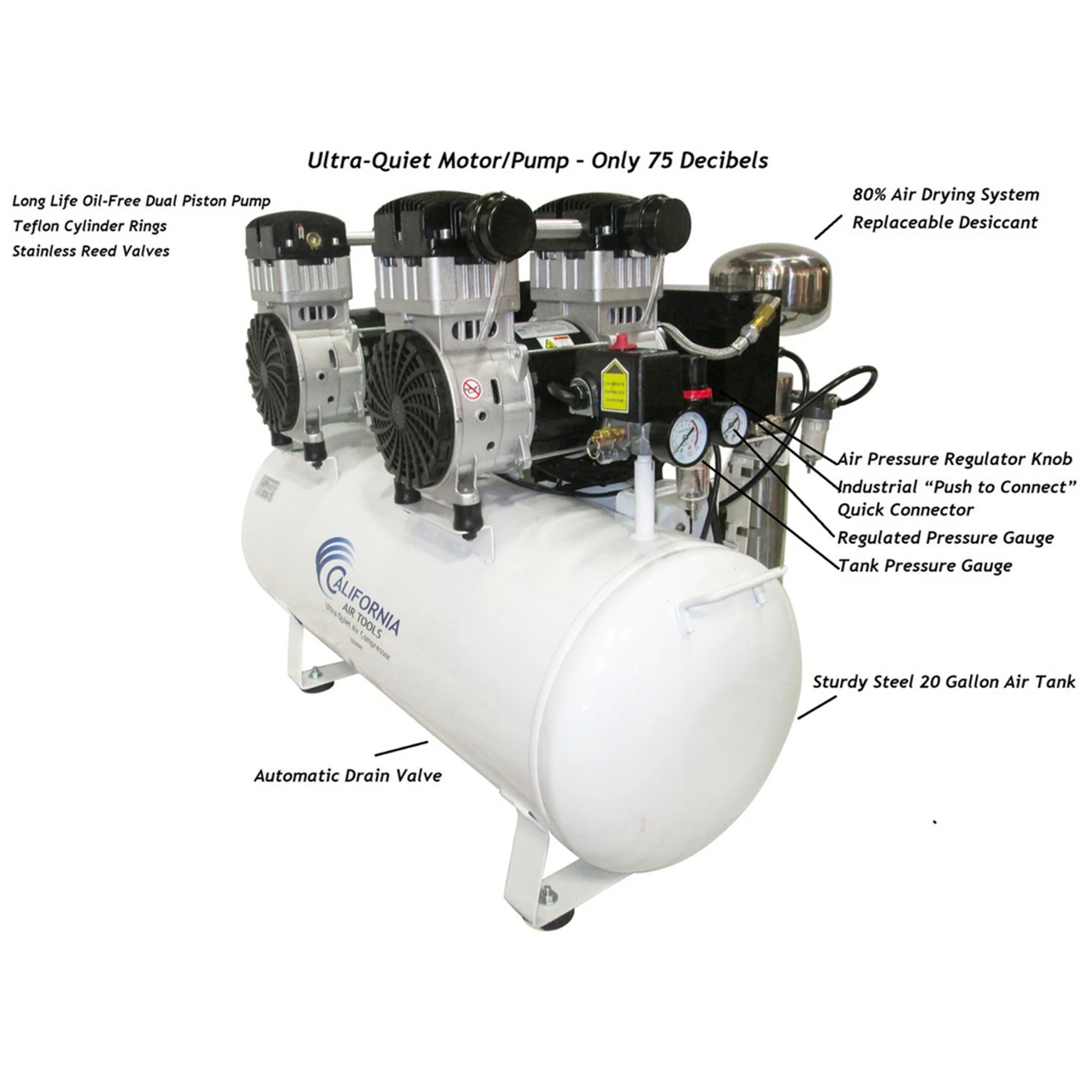 4 HP 20 Gallon 20040DCAD Ultra Quiet and Oil-Free Hot Dog Air Compressor with Air Dryer - Image 6