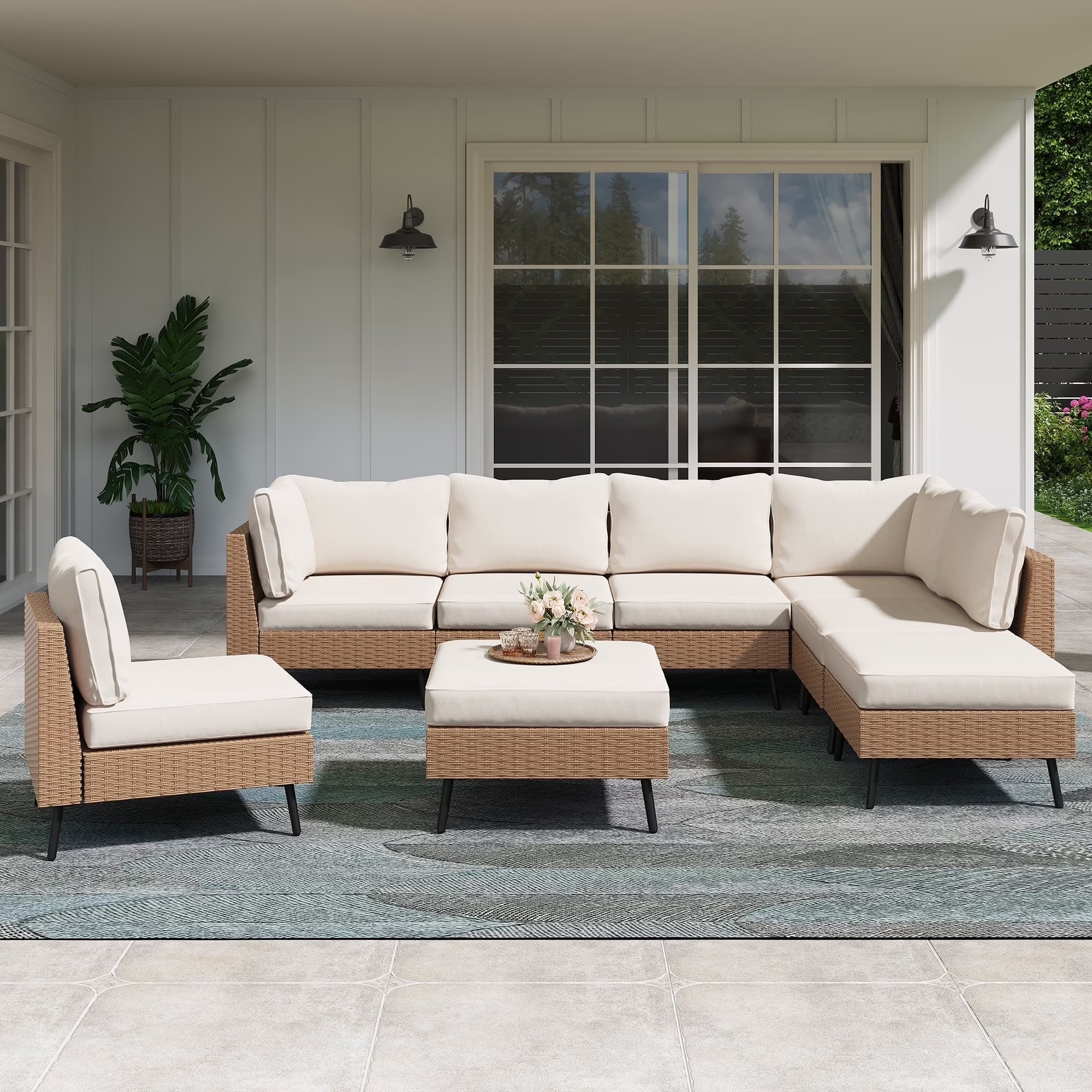LAUSAINT HOME 6 Pieces Outdoor Furniture Set, Patio Rattan Wicker Sectionals with 4 Chairs and 2 Ottomans, Beige Cushions - Image 3