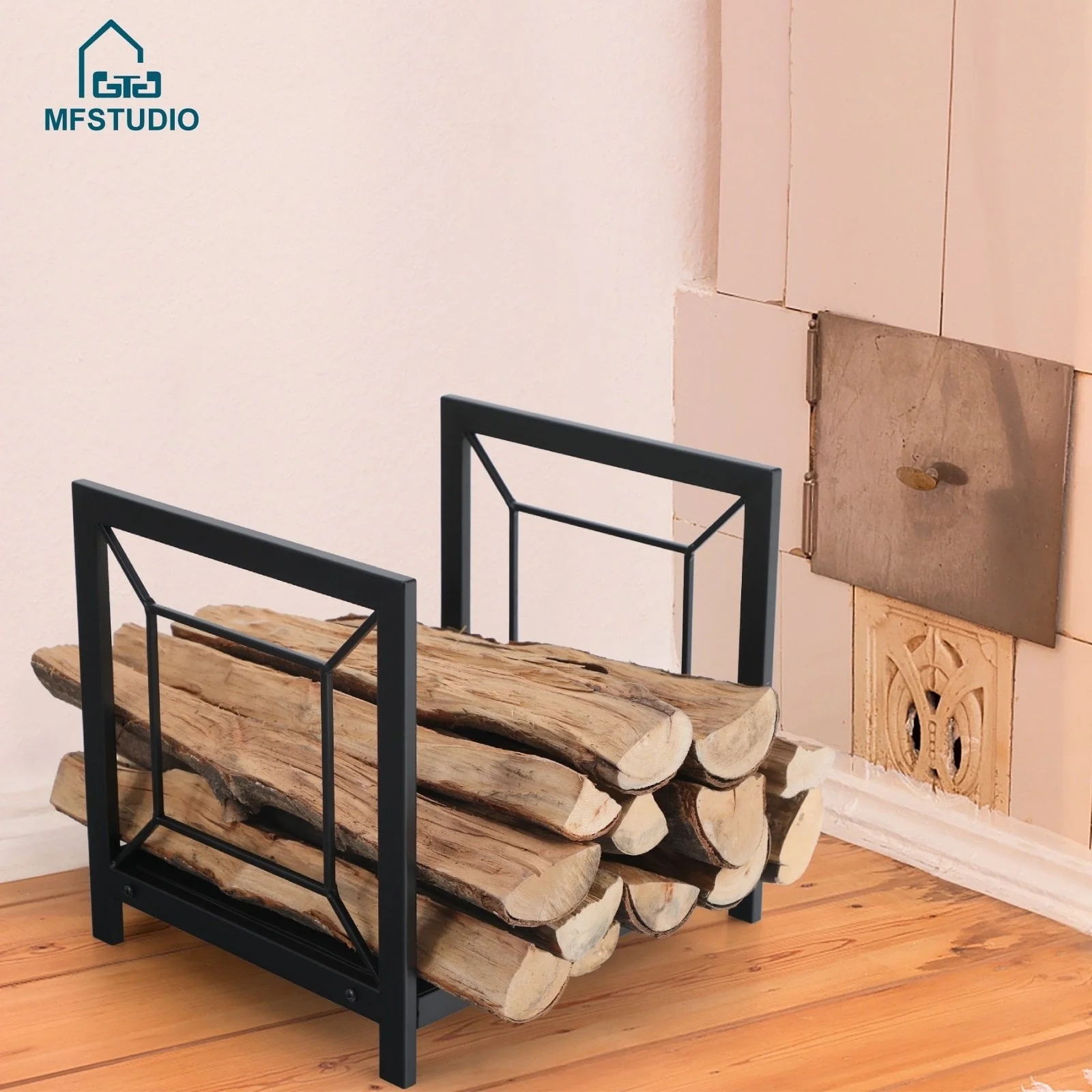 MF Studio 16 Inches Steel Firewood Log Rack Storage Holder Small Wood Storage Brackets Suitable for Indoor and Outdoor, Black
