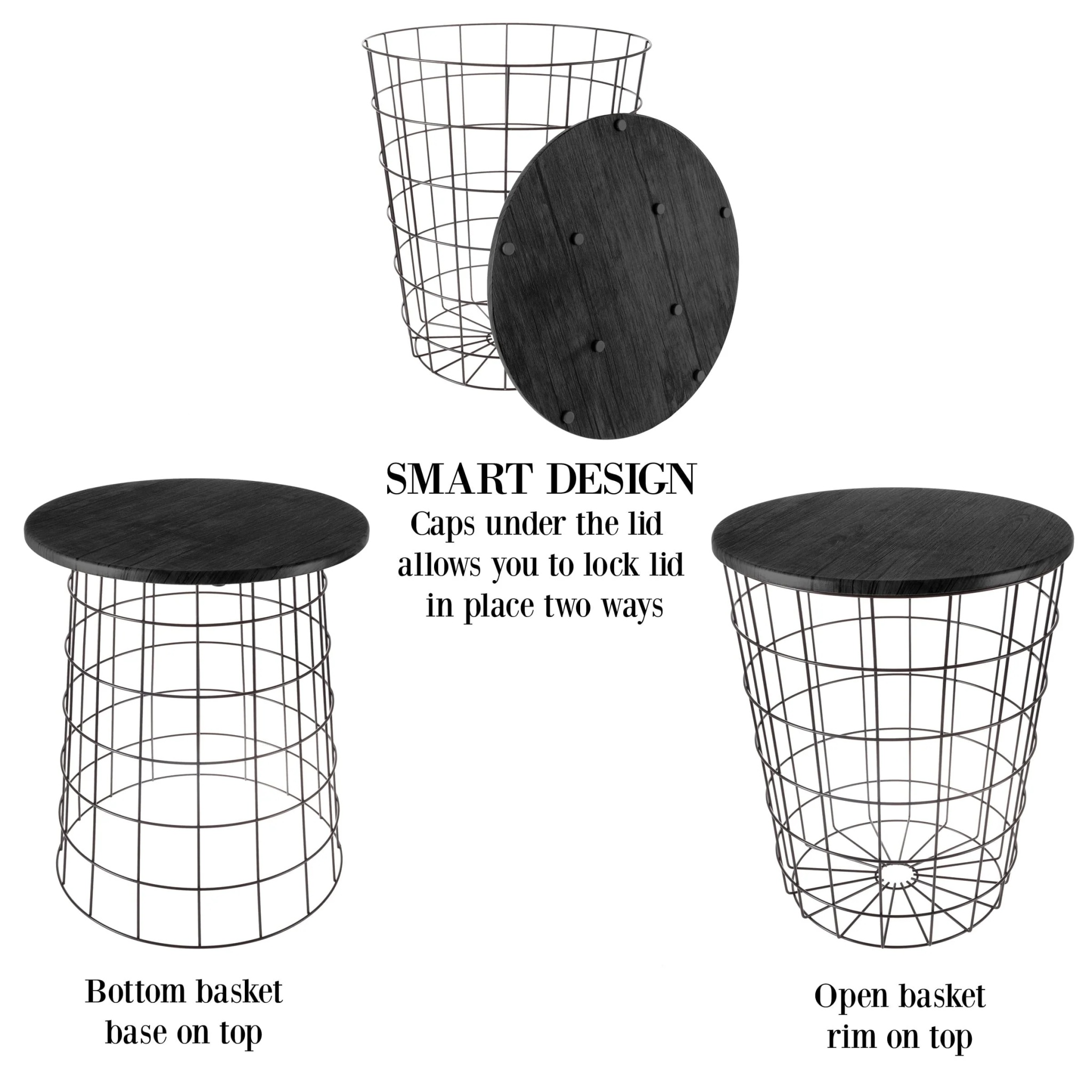 Nesting End Tables with Storage- Set of 2 Round Metal Baskets By Lavish Home (Black) - Image 4