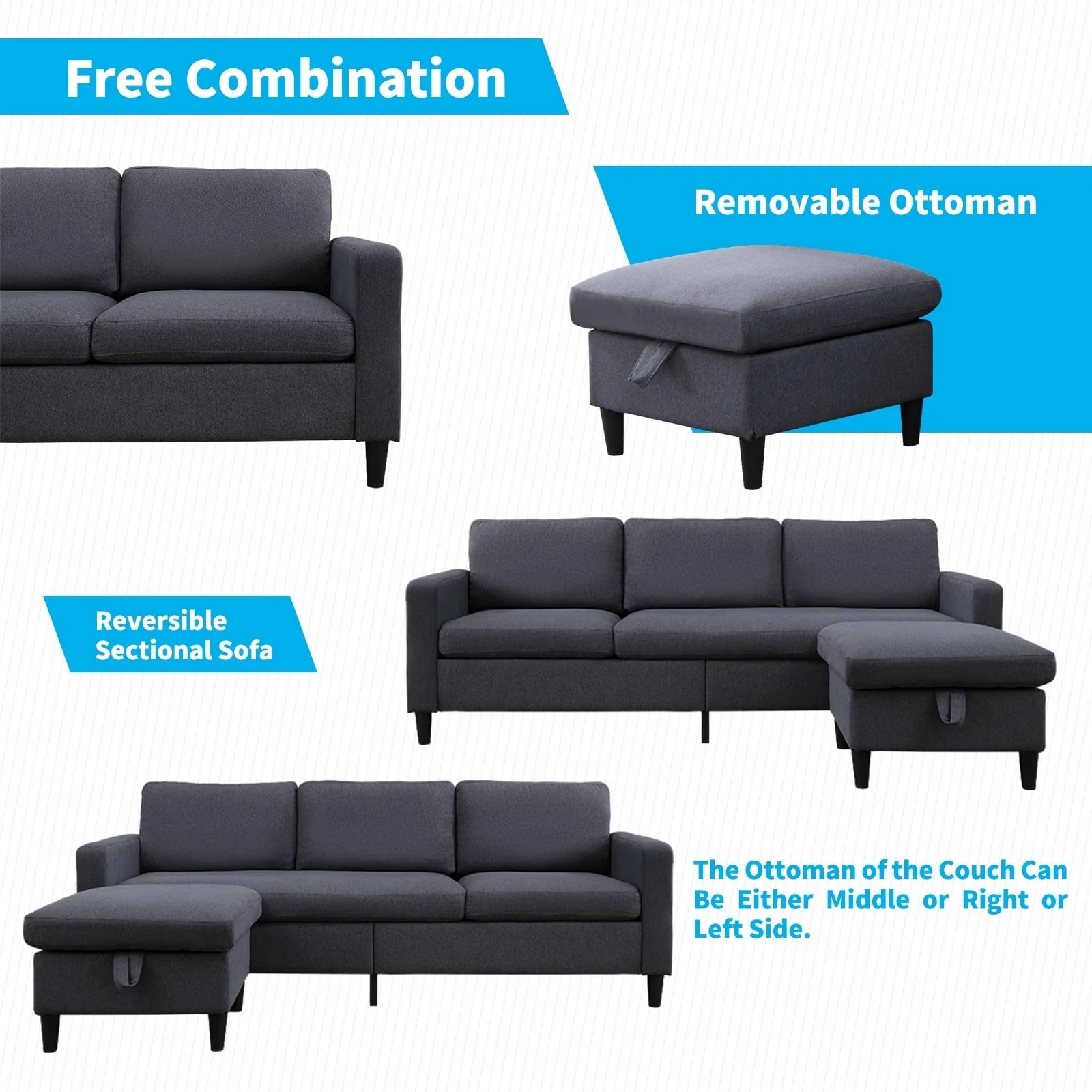 Mjkone Convertible Sectional Sofa Couch with Storage Ottoman, 86" W L-Shaped Couch for Living Room, 3-Seat Sofas with Reversible Chaise, Sectional Couches for Living Room/Office/Bedroom (Dark Gray) - Image 3