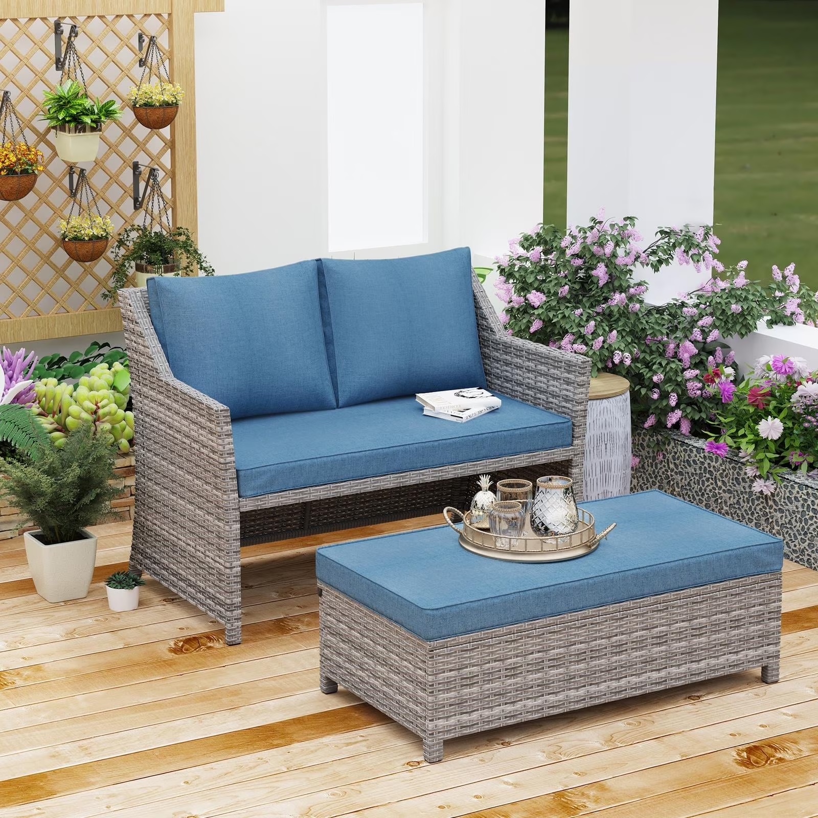 Outdoor Wicker Love Seat and Coffee Table Set, Weather Resistant Grey Rattan, Patio Furniture with Gray Cushions & Storage Bin - Image 3