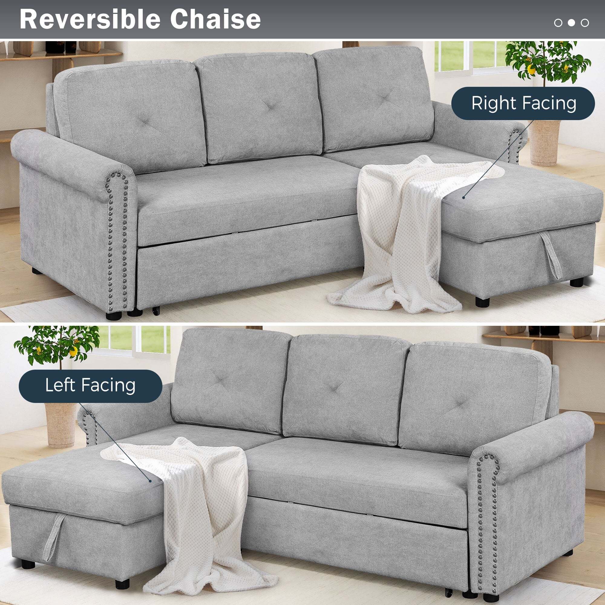 Euroco 83" L Shaped Sofa Bed Modern Convertible Sleeper Sofa Bed with Storage Chaise, Gray - Image 11