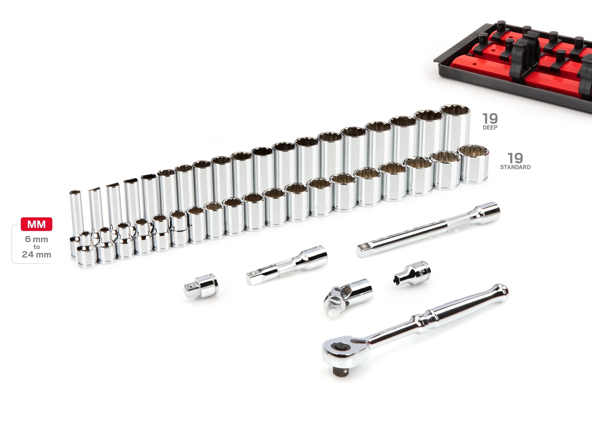 TEKTON 3/8 Inch Drive 12-Point Socket and Ratchet Set with Rails, 44-Piece (6-24 mm) | SKT13202 - Image 2