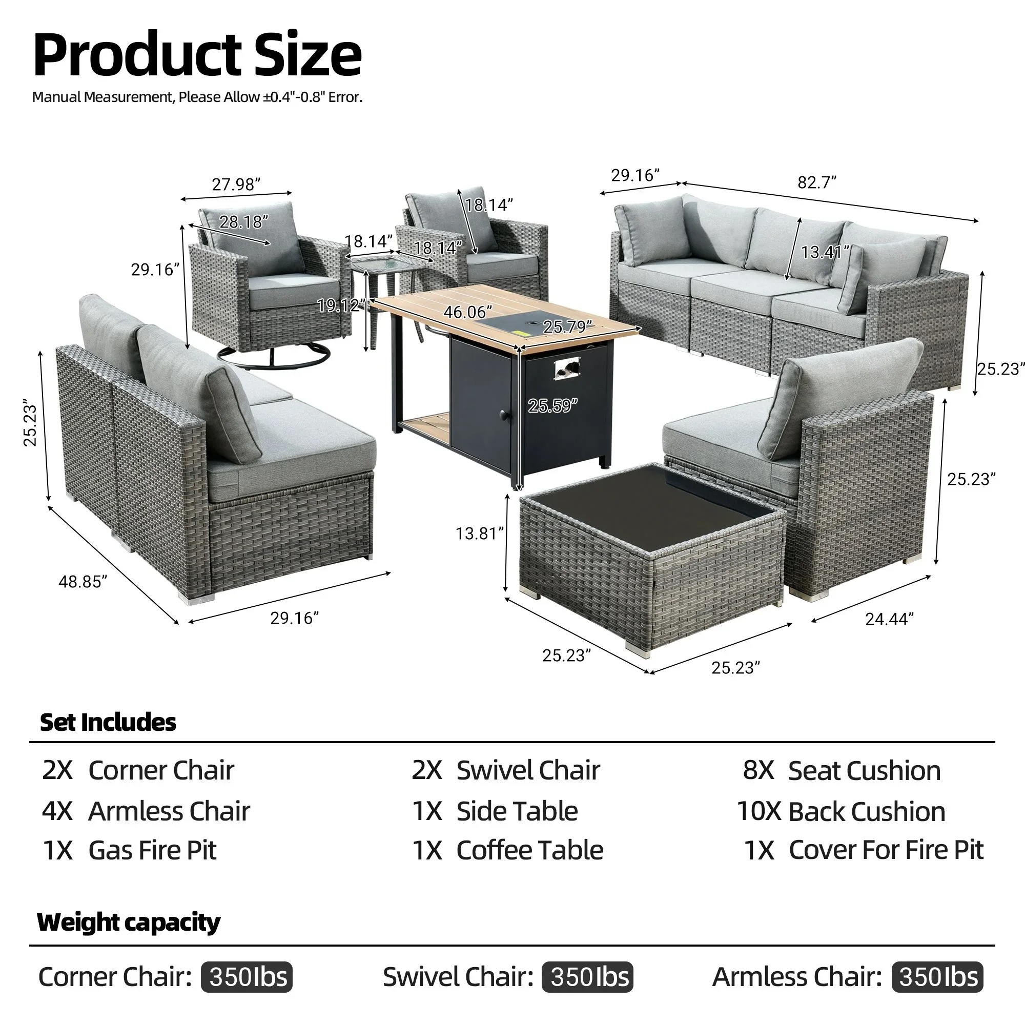 Vcatnet 11 Pieces Outdoor Patio Furniture Sets with Fire Pit Sectional Sofa All Weather Wicker Conversation Set with Swivel Glider Chairs, Black - Image 32