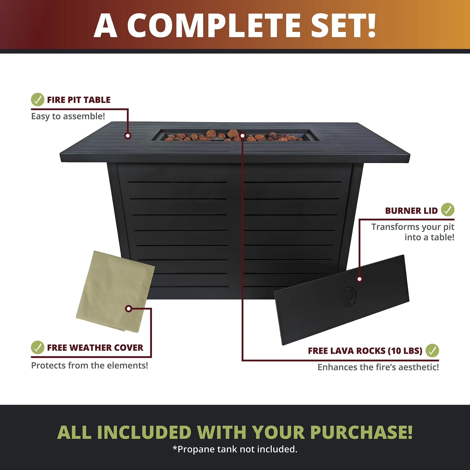 Kinger Home 42 inch Outdoor Propane Fire Pit Table for Patio, 50,000 BTU CSA Certified, Aluminum Frame, Lid, Weather Cover, Lava Rocks - Image 7