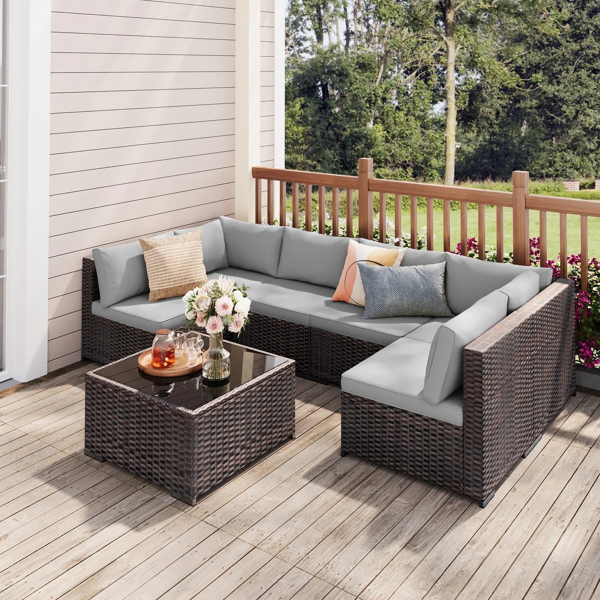 7 Pieces Outdoor Patio Furniture Set, Lofka PE Rattan Sectional Sofa with Tempered Glass Coffee Table & All-Weather Cushions, Patio Conversation Set for Garden, Poolside (Grey) - Image 8