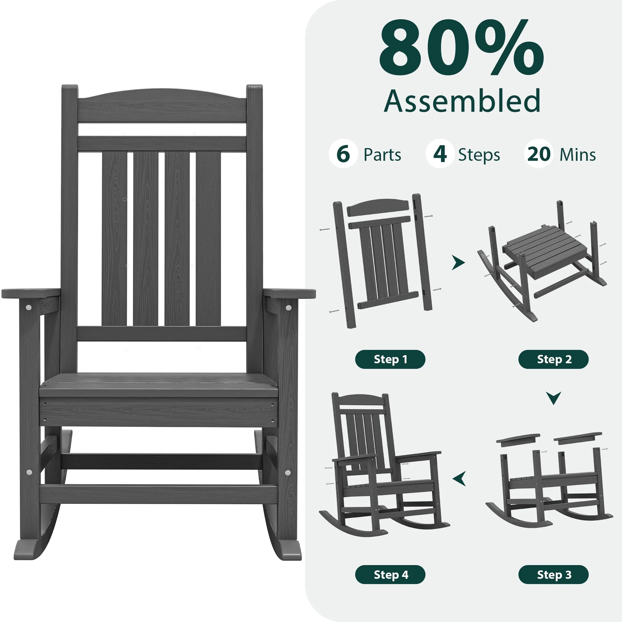 KINGYES HDPE Outdoor Rocking Chairs Set of 2,HDPE Patio Rocker for Porch,Black - Image 40
