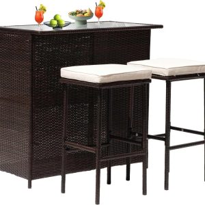 CL.HPAHKL Patio Bar Set, 3 Piece Outdoor Rattan Wicker Furniture Set with Glass Top Table & 2 Cushions Stools for Patios Backyards Porches Gardens Poolside, Khaki