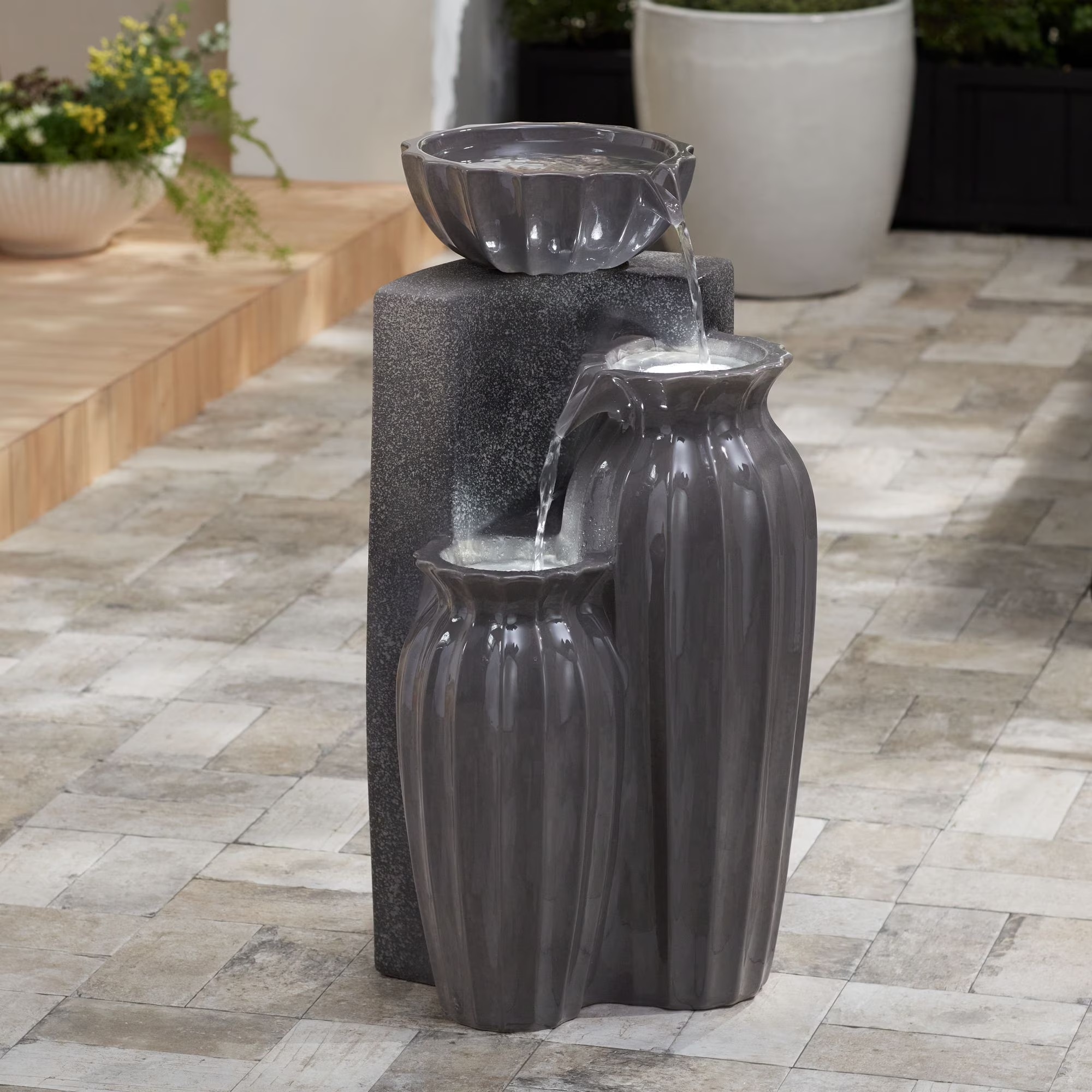 Three Bowls 26 1/2" High Large Modern Outdoor Decor Dark Gray Ceramic Floor Fountain with Light LED 3-Tier