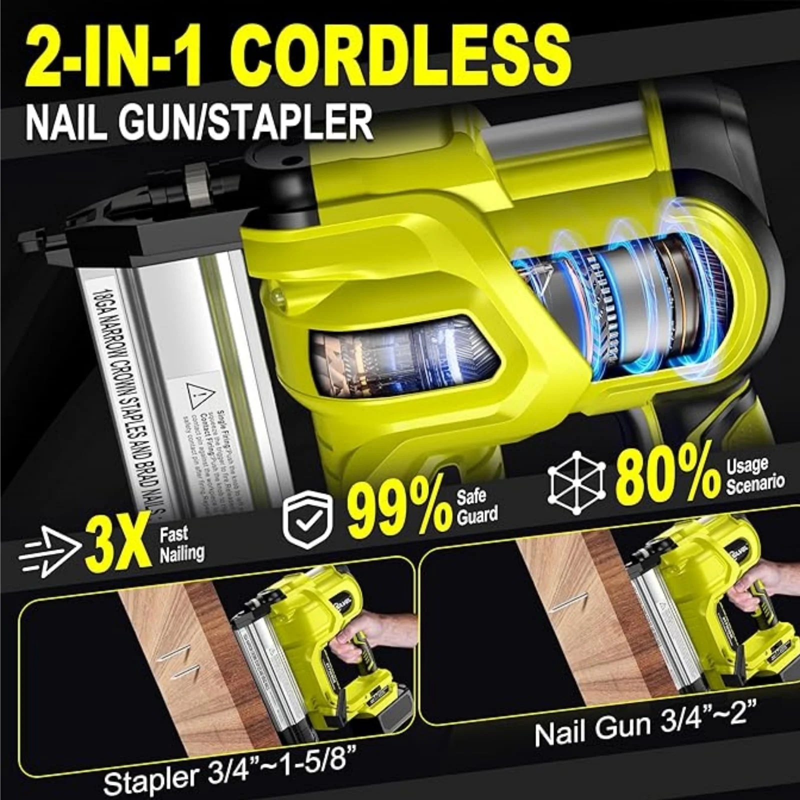 Rvchic 2-in-1 Cordless Electric Brad Nailer with 2 * 2.0Ah Battery for Upholstery,Carpentry and Woodworking,1000pcs Nails,18GA Staples Included,Yellow - Image 9