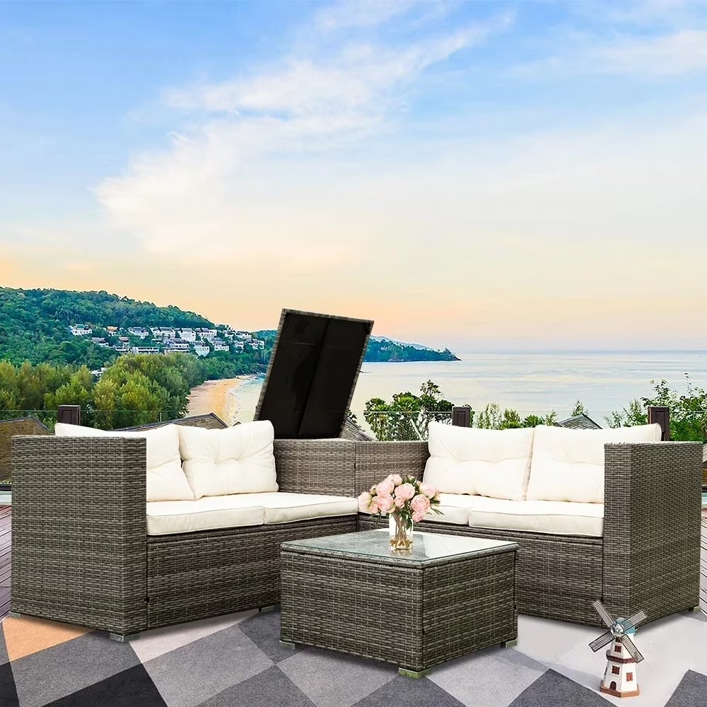 UHOMEPRO 4-Piece Rattan Patio Furniture Sets, All-Weather PE Wicker Patio Conversation Set with Storage Box, Glass Coffee Table, Outdoor Sectional Sofa Set for Backyard Patio Garden Poolside, Gray - Image 5