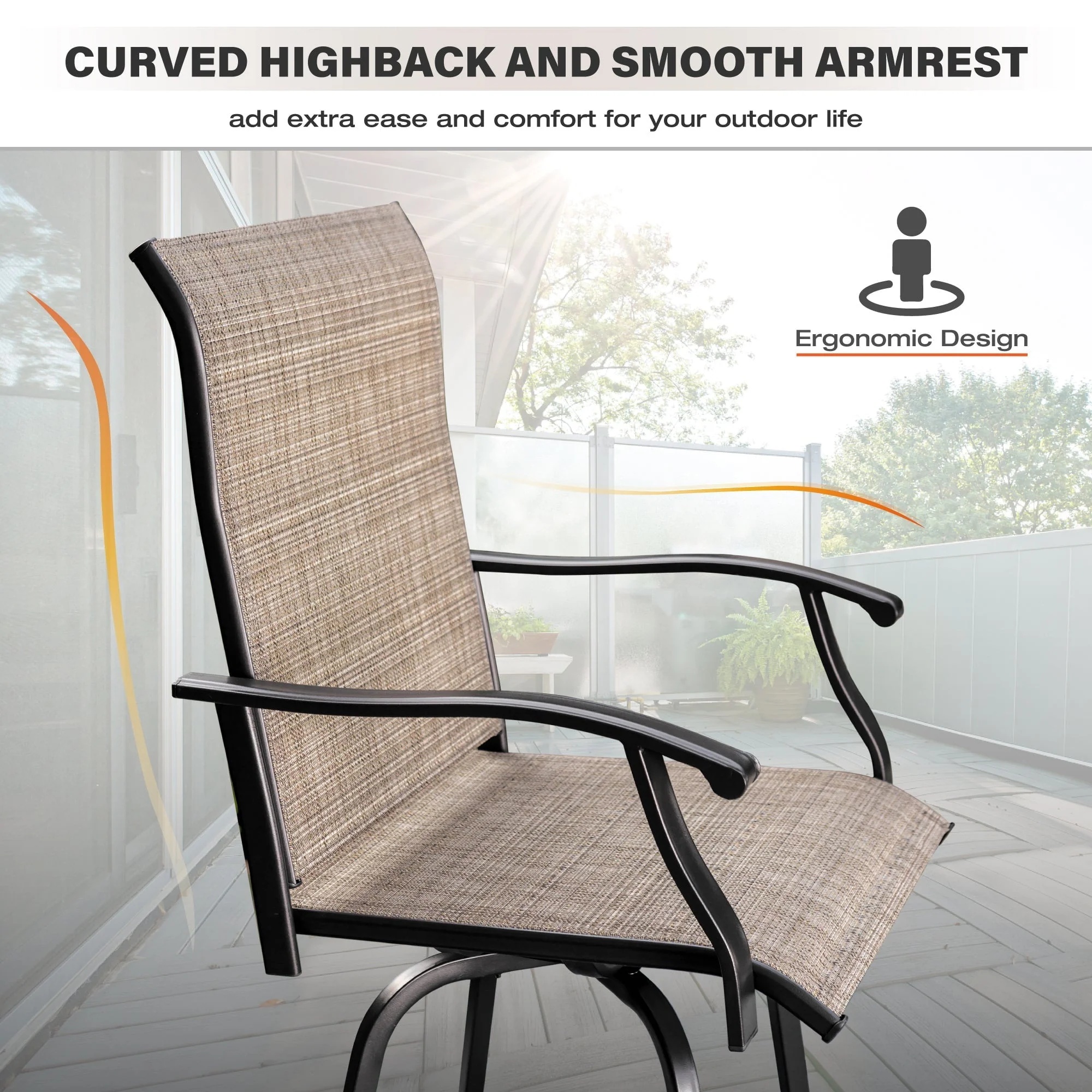 Sophia & William 2 Pcs Outdoor Swivel Metal Bar Stools Patio Height Textilene Chairs in Brown - Image 5