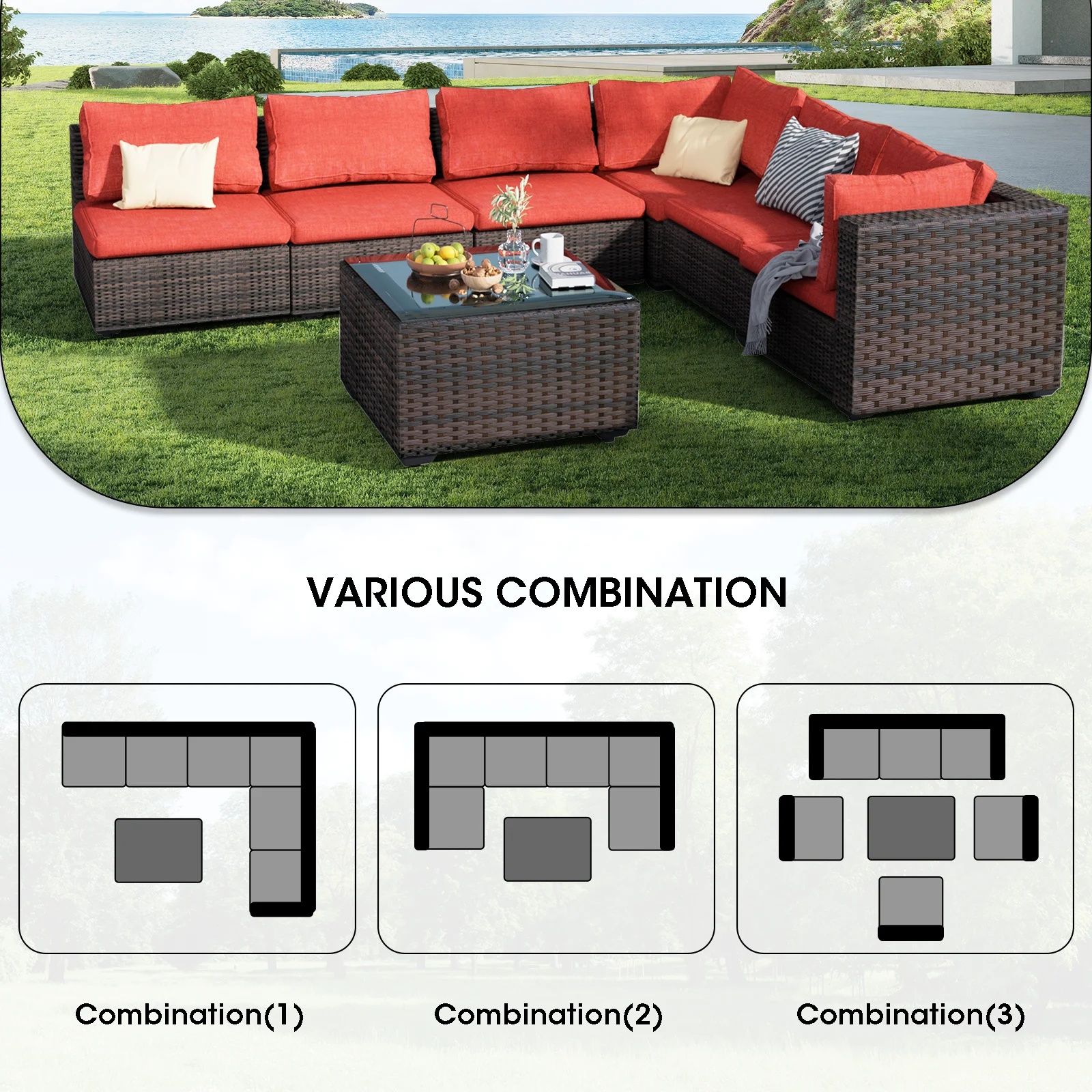 Grezone 7 Patio Outdoor Furniture Wicker Sectional Sofa Couch Lawn Sectional, Black - Image 22