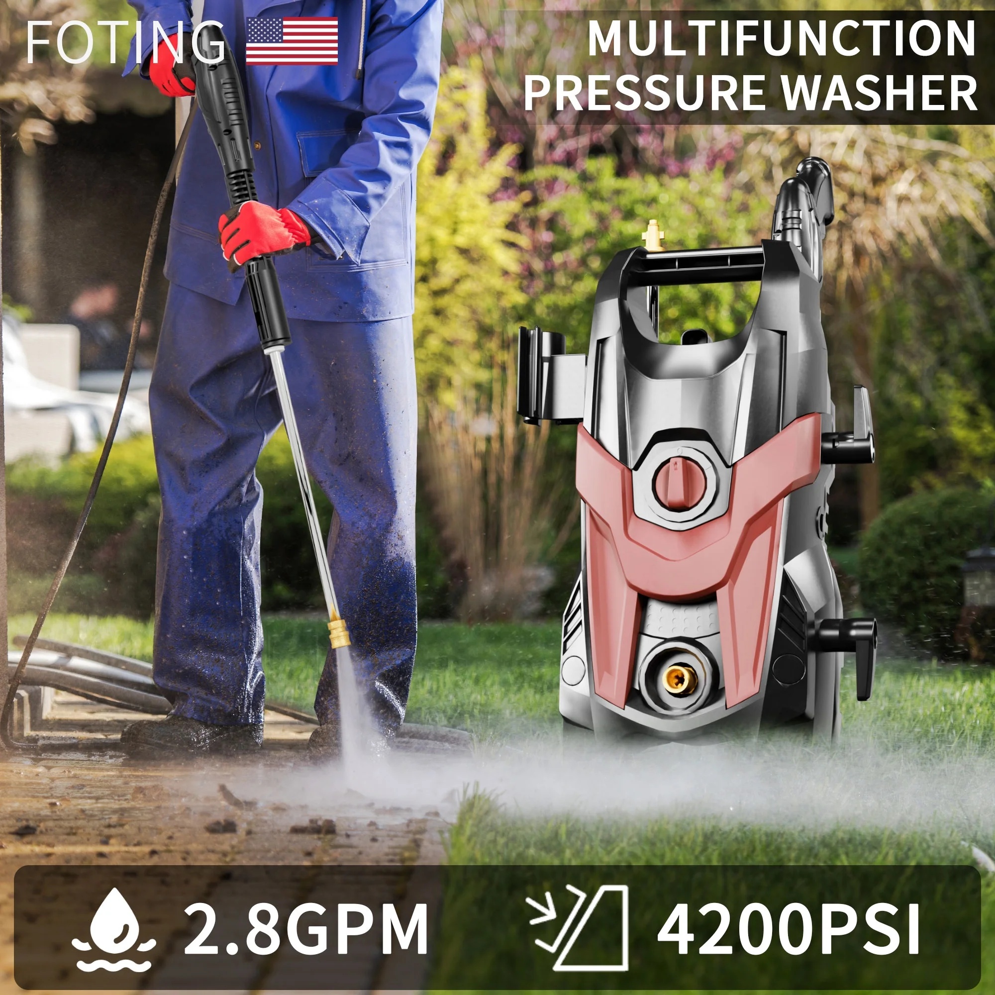 2024 Upgraded Electric Pressure Washer 4300 PSI 2.8 GPM Power Washer with Extra Hose, 23ft Hose 35ft Power Cord, 4 Nozzle and Detergent Tank for Cars, Fences, Patio - Image 11