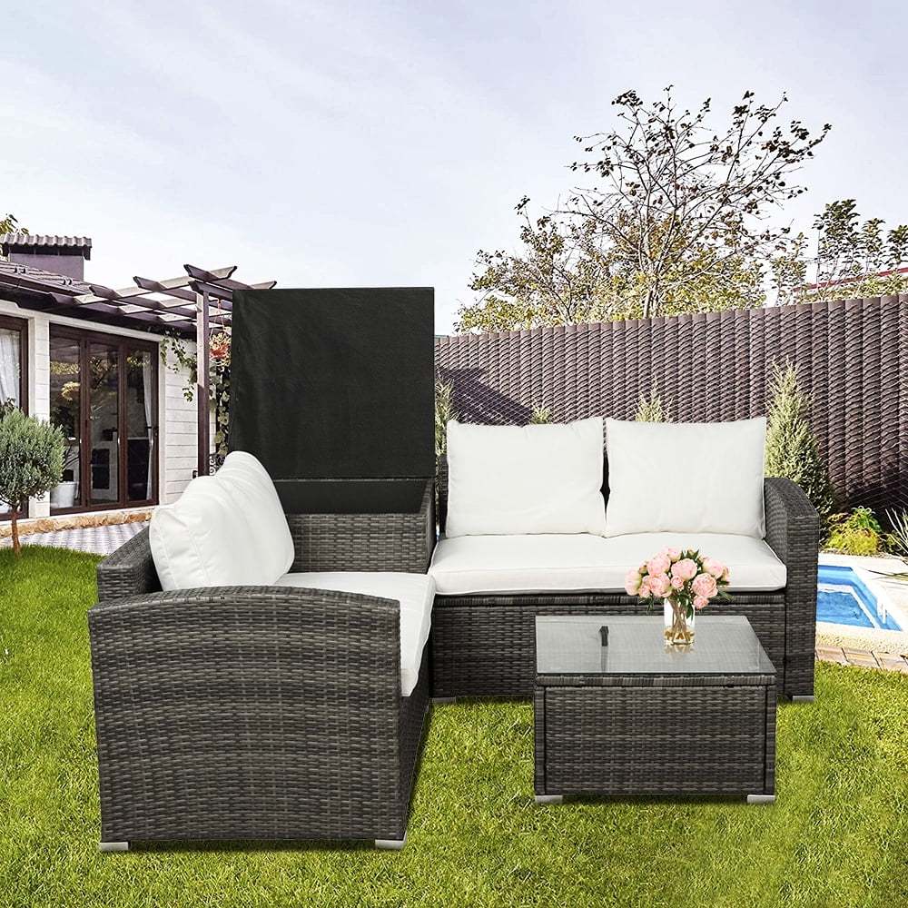 UHOMEPRO 4-Piece Rattan Patio Furniture Sets, All-Weather PE Wicker Patio Conversation Set with Storage Box, Glass Coffee Table, Outdoor Sectional Sofa Set for Backyard Patio Garden Poolside, Gray - Image 15