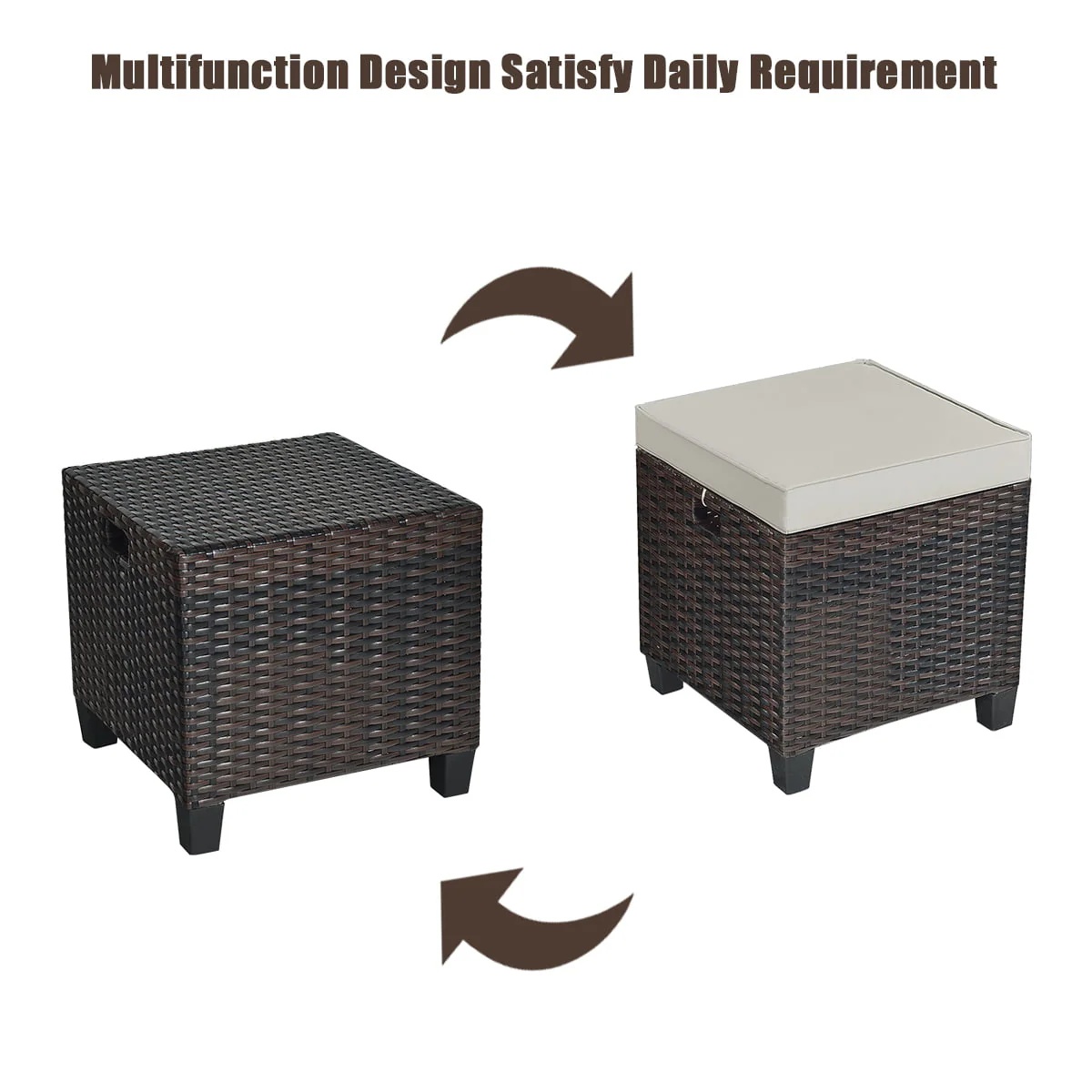 Gymax Set of 2 Patio Rattan Ottoman Footrest Garden Outdoor w/ Brown Cushion - Image 9