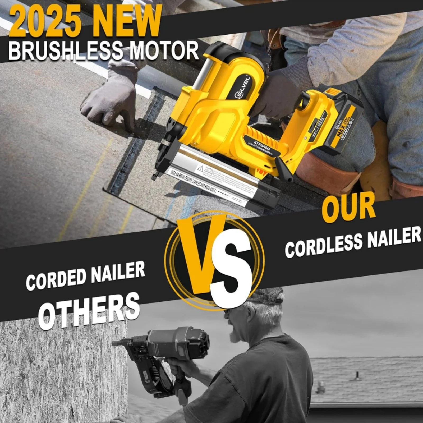Rvchic 2-in-1 Cordless Electric Brad Nailer with 2 * 2.0Ah Battery for Upholstery,Carpentry and Woodworking,1000pcs Nails,18GA Staples Included,Yellow - Image 2