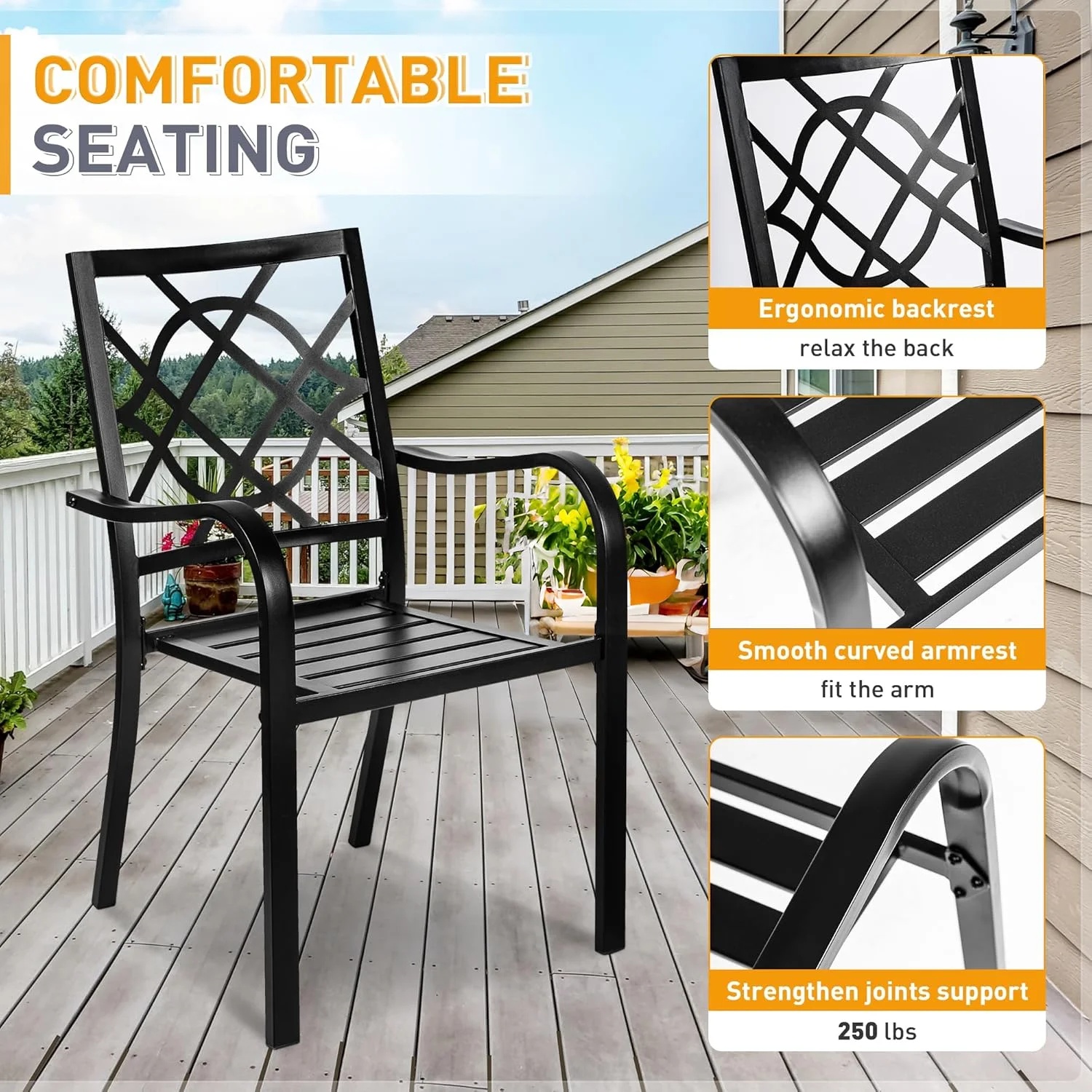 SUNCROWN 7-Piece Outdoor Wrought Iron Chairs and Table Patio Dining Furniture Set - 6 Stackable Metal Chairs, 1 Steel Slat Bistro Table and 1 Brown 9Ft Patio Umbrella for Garden Backyard Deck - Image 59