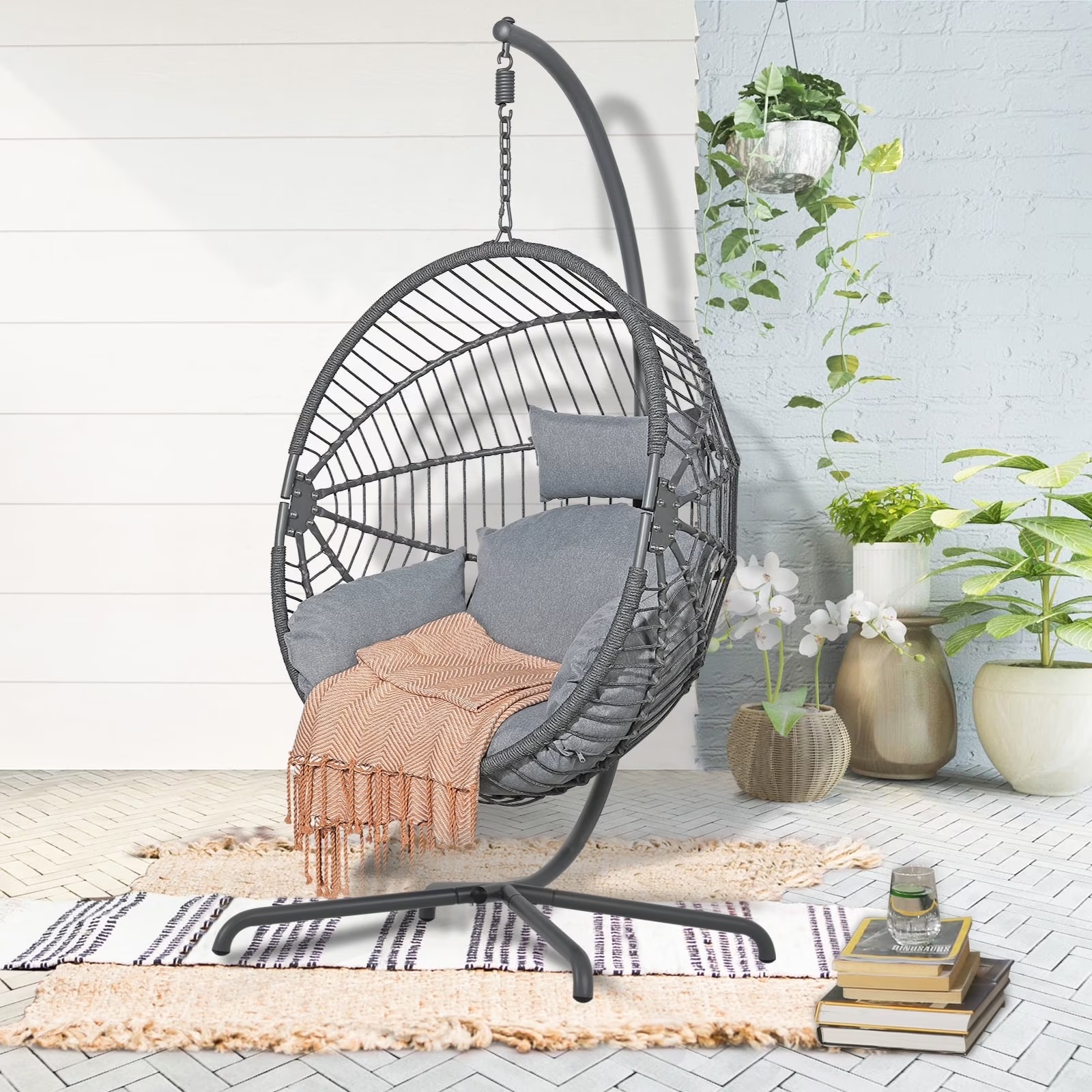 Indoor Outdoor Swing Egg Chair with Stand, Patio Foldable Grey Wicker Rattan Hanging Chair with Cushion, Light Gray - Image 3