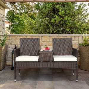 UBesGoo Patio Rattan Loveseat Table Chairs Chat Set with Waterproof Cushion, Outdoor Furniture, Wicker Conversation Set