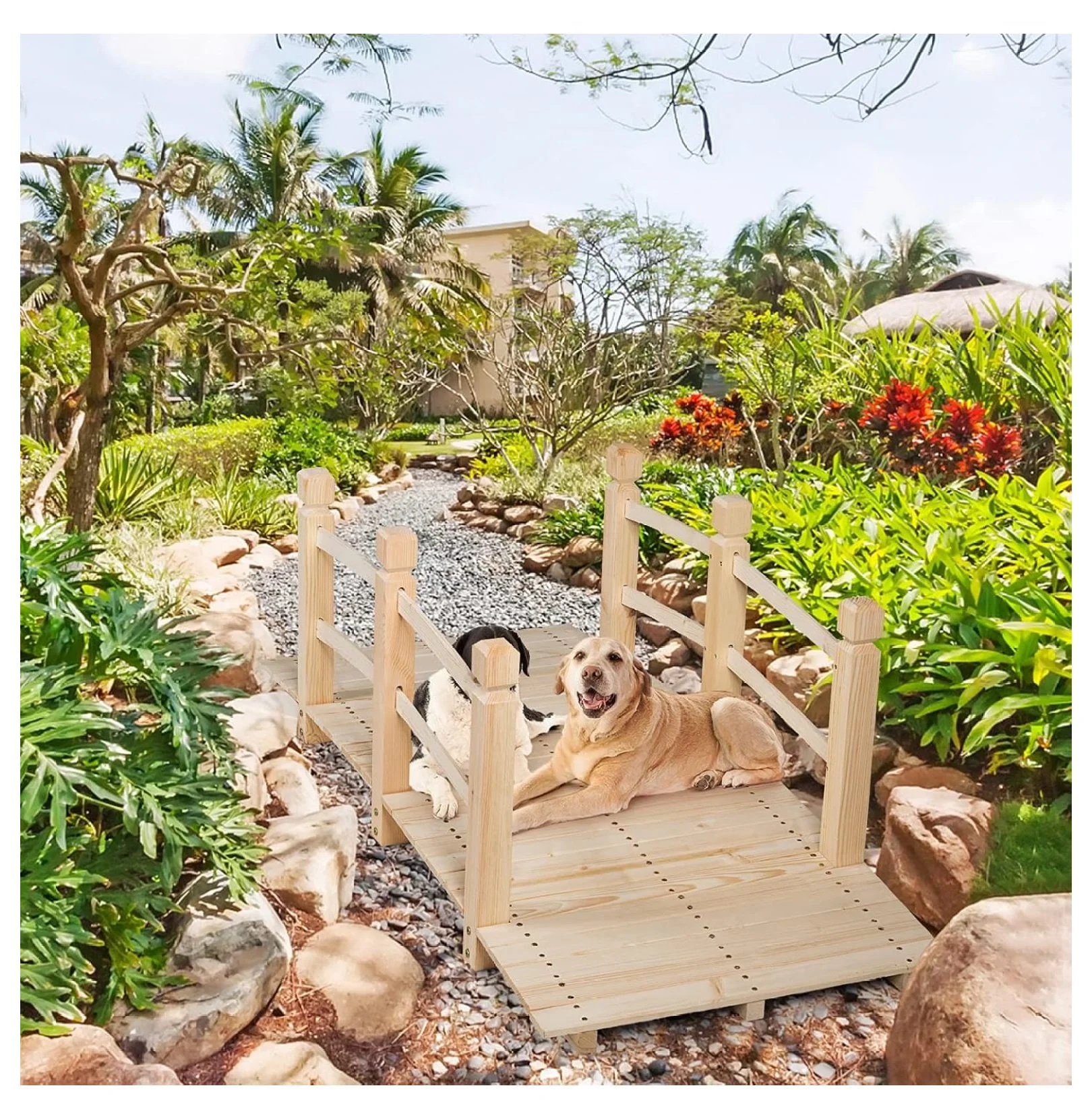 Garden Bridge, 5FT Wooden Arc Footbridge for Outdoors with Safety Guardrails, Decorative Landscaping for Garden Yard Walkway Creek Farm, 400 LBS Capacity (Natural Finished) - Image 4