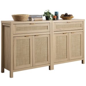 Nopurs Rattan Sideboard Buffet Cabinet Set of 2,Boho Storage Cabinet Buffet Table with Doors and Drawer,Coffee Bar Cabinet for Kitchen Entryway Living Dining Room,Light Oak