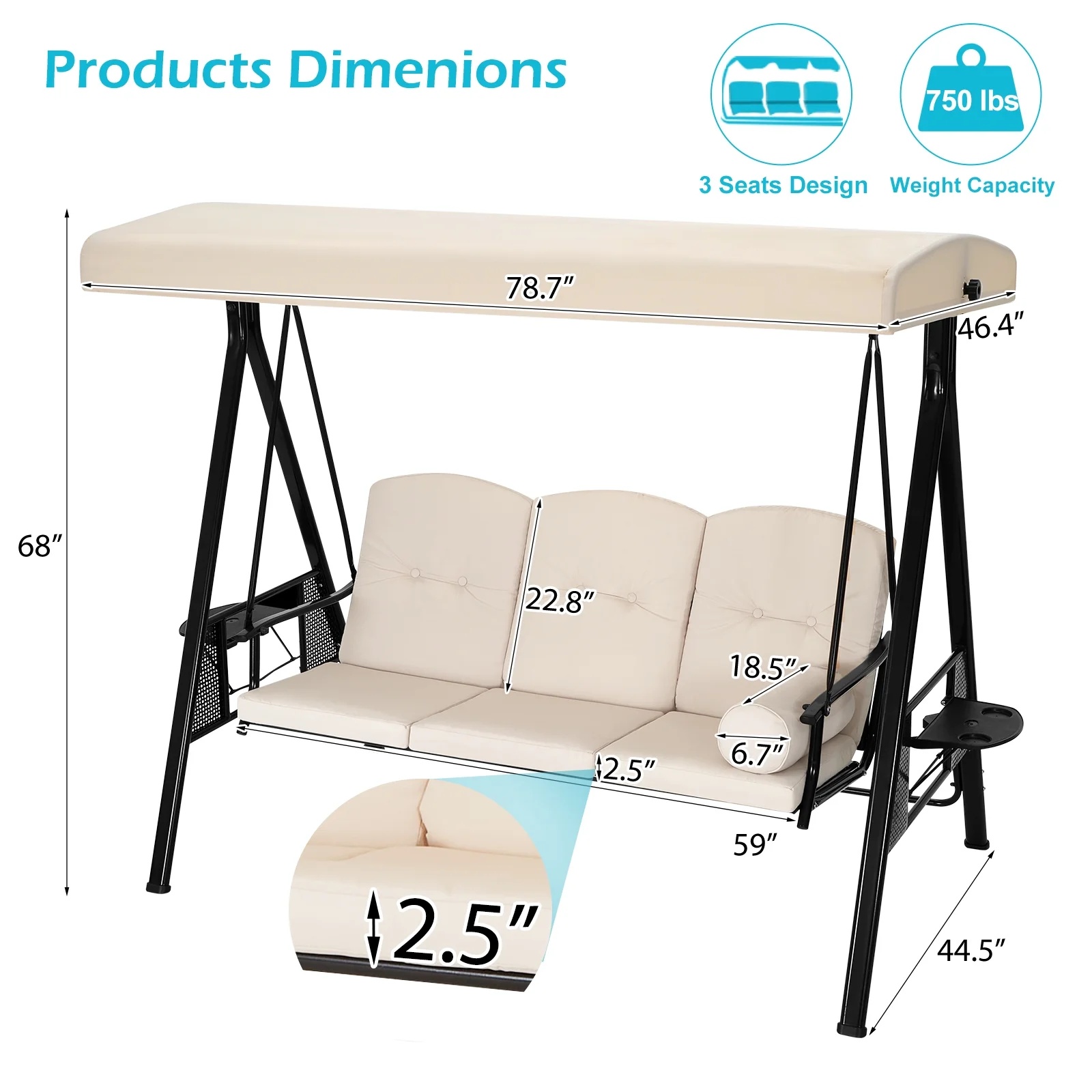AECOJOY 3 Persons Outdoor Patio Canopy Steel Porch Swing Chair-Beige, Porch Swing - Image 4