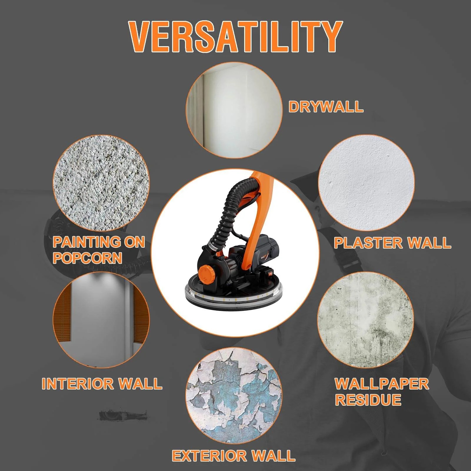 Drywall Sander with Vacuum Dust Collection, 6 Variable Speed Foldable Telescopic Electric Wall Sander, Popcorn Ceiling Removal Tool, 1900RPM Power Sander Tool, LED Light, 18Pcs Sanding Discs,Power D - Image 3