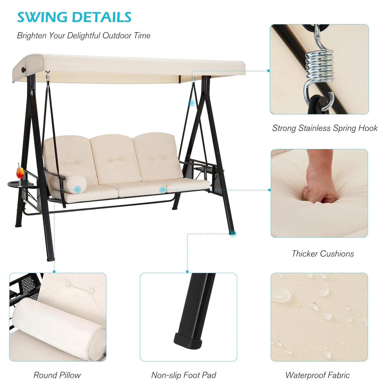 AECOJOY 3 Persons Outdoor Patio Canopy Steel Porch Swing Chair-Beige, Porch Swing - Image 9
