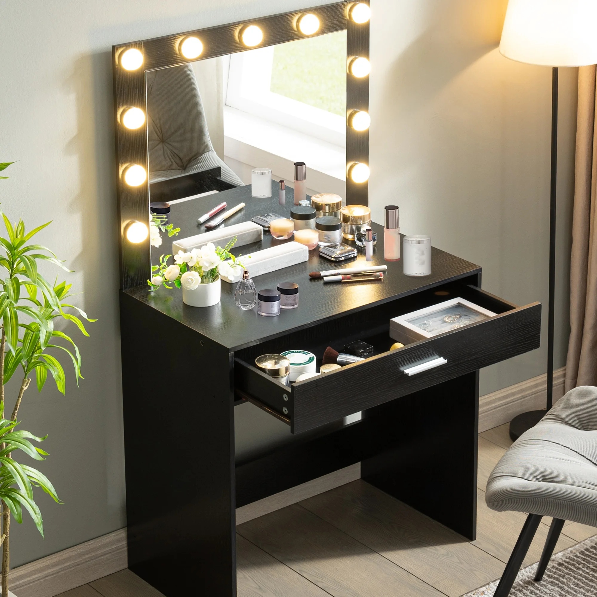 Vanity Desk With Mirror, Makeup Table Desk With Drawer, 3 Lighting Modes Adjustable Brightness Vanity Makeup Table For Small Space Home Living Room - Image 3