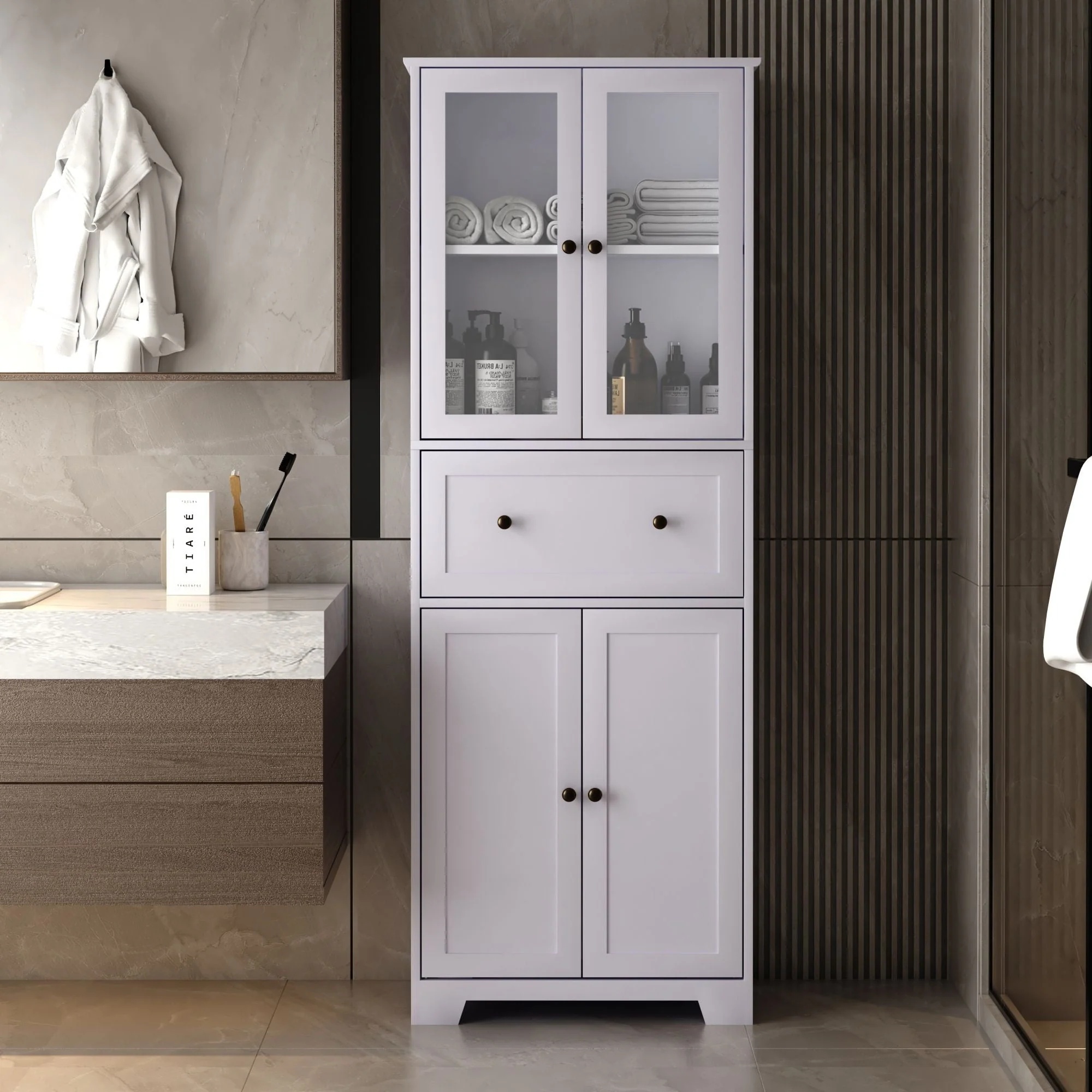 Ktaxon 64" Tall Bathroom Storage Cabinet Organizer, Freestanding Kitchen Pantry Cabinet Line Tower with 2 Glass Doors, Large Drawer & 4 Adjustable Shelves for Dining Room Living Room Home Office,White - Image 21