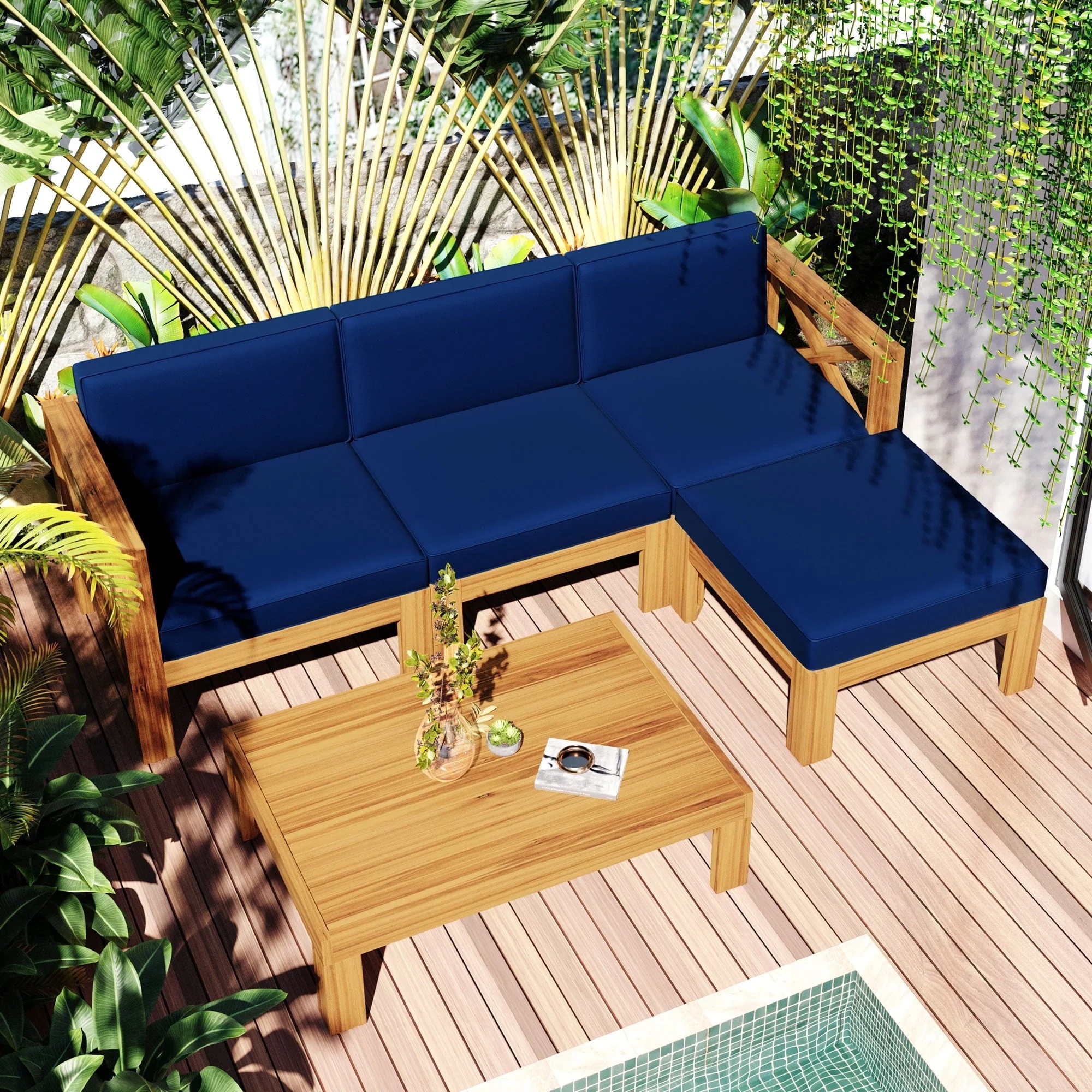 SYNGAR 5 Piece Wood Patio Furniture Set, Outdoor Seating Chat Set with Blue Cushions, Sectional Conversation Sofa Chairs Set with Coffee Table, for Balcony, Backyard, Poolside, Deck, Garden, D8126 - Image 5