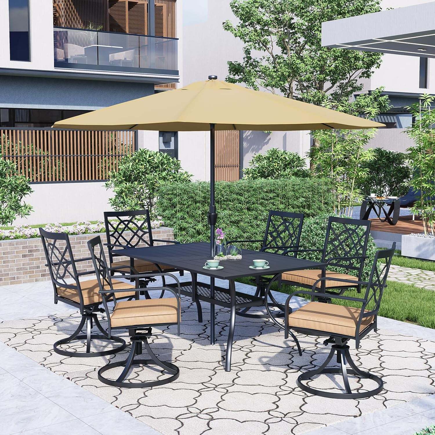 SUNCROWN 7-Piece Outdoor Wrought Iron Chairs and Table Patio Dining Furniture Set - 6 Stackable Metal Chairs, 1 Steel Slat Bistro Table and 1 Brown 9Ft Patio Umbrella for Garden Backyard Deck - Image 64
