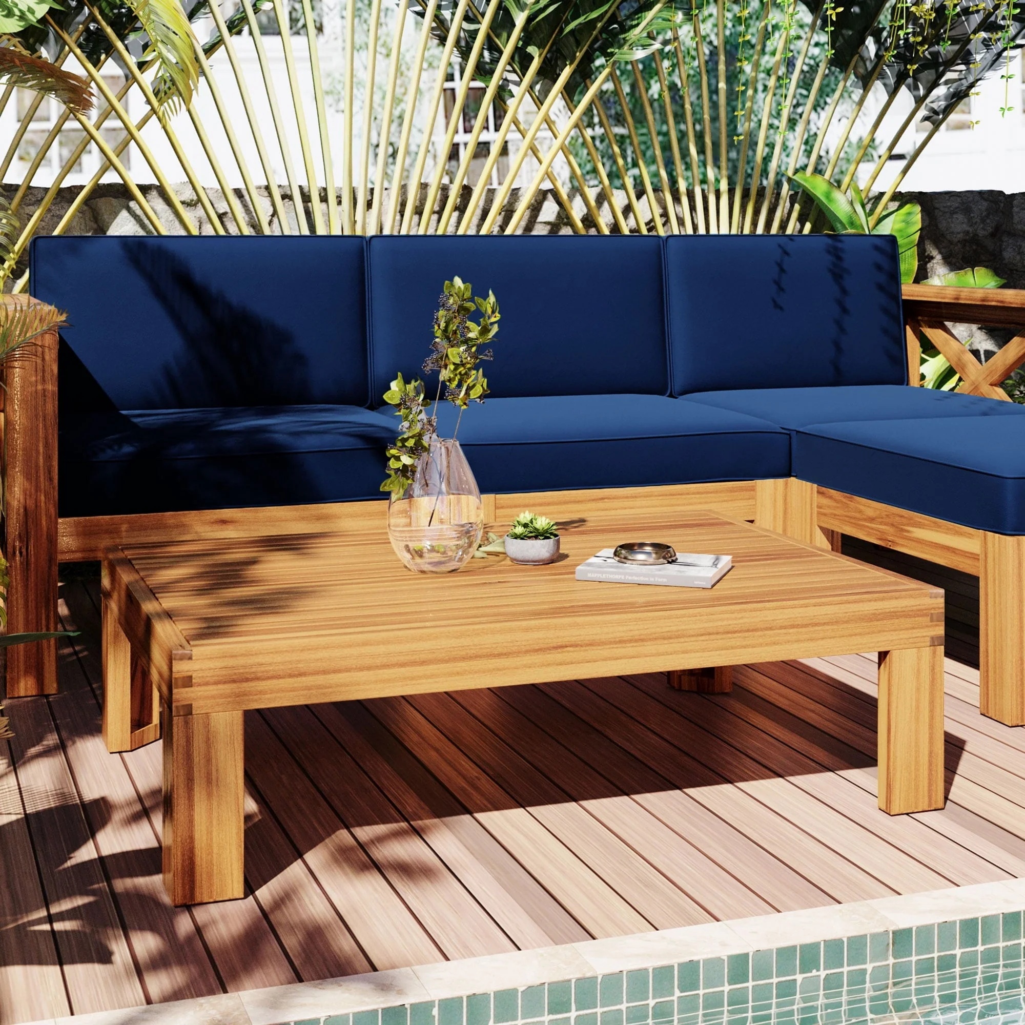 SYNGAR 5 Piece Wood Patio Furniture Set, Outdoor Seating Chat Set with Blue Cushions, Sectional Conversation Sofa Chairs Set with Coffee Table, for Balcony, Backyard, Poolside, Deck, Garden, D8126 - Image 3