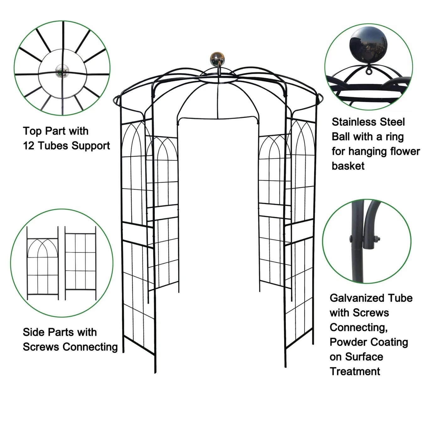 French Birdcage Gazebo with Metal Arch Trellis for Wedding Photography & Garden Decor, Sturdy Galvanized Steel, Black - Image 8